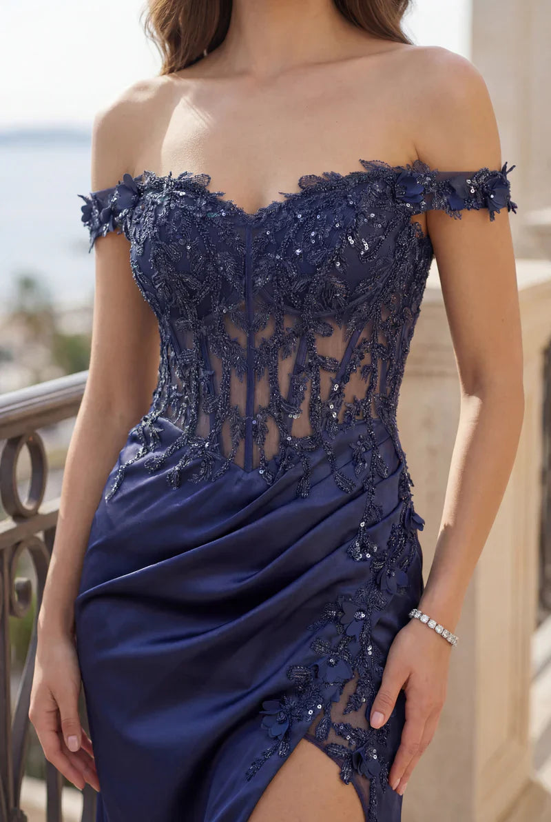 Kos Couture Vestido de Graduación Formal Ajustado con Corsé y Hombros Descubiertos