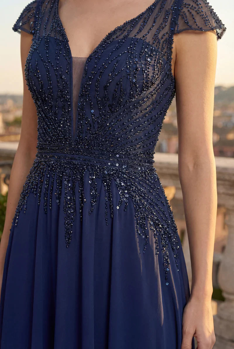 Kos Couture Vestido de Noche Largo Formal Línea A con Corpiño de Abalorios