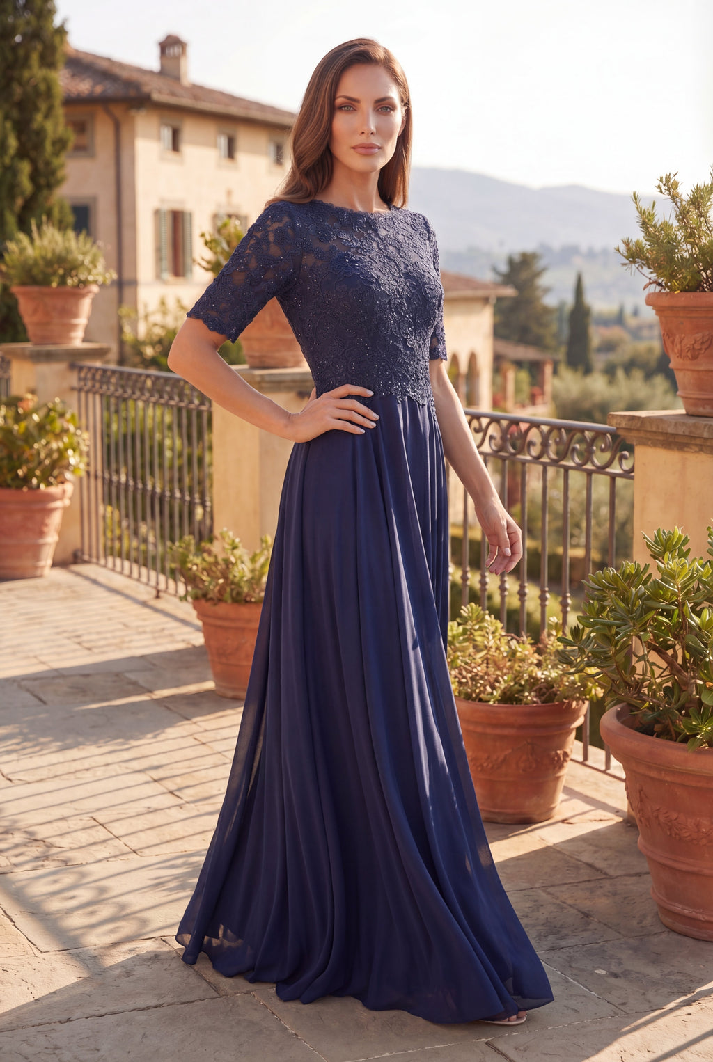 Kos Couture Vestido de Madre de la Novia de Encaje con Manga Corta
