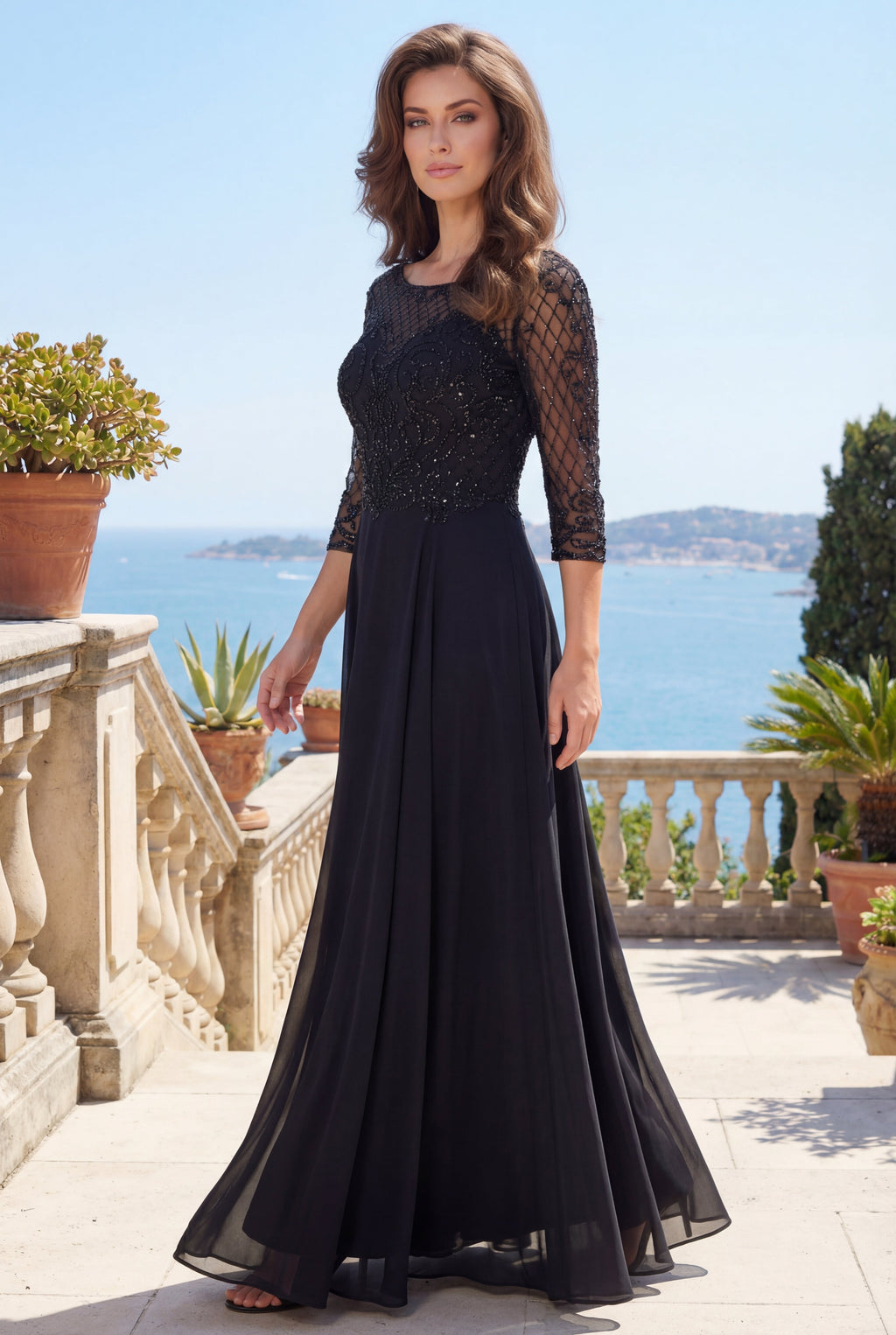 Kos Couture Vestido de Manga Larga con Abalorios Hechos a Mano para Madre de la Novia