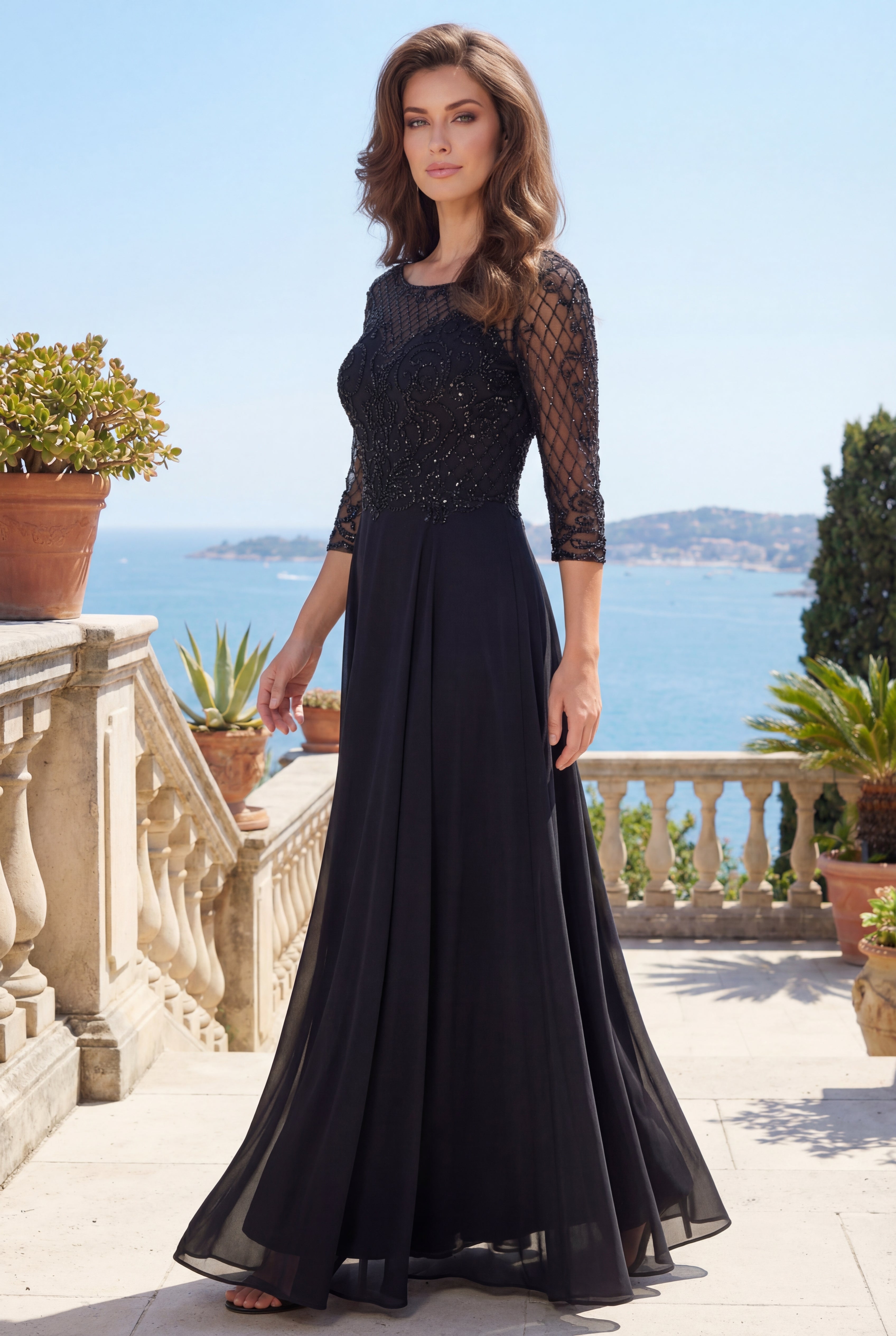 Kos Couture Vestido de Manga Larga con Abalorios Hechos a Mano para Madre de la Novia