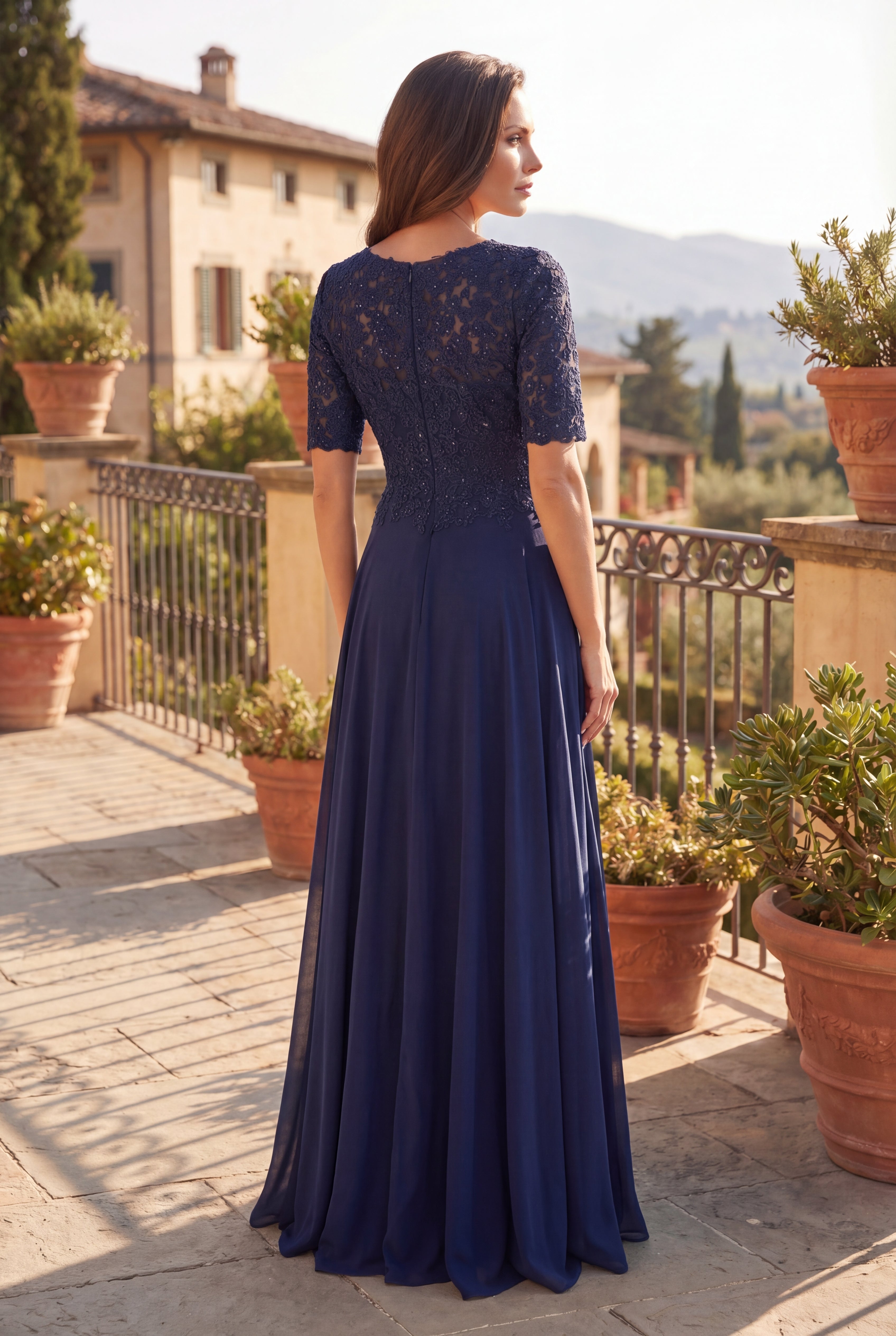 Kos Couture Vestido de Madre de la Novia de Encaje con Manga Corta