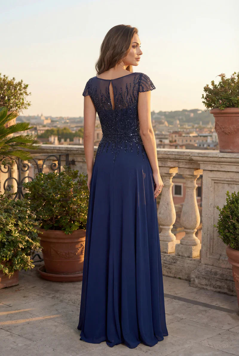 Kos Couture Vestido de Noche Largo Formal Línea A con Corpiño de Abalorios