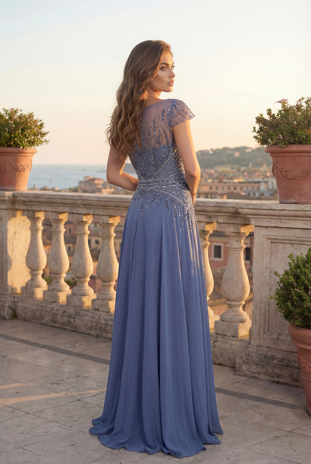 Kos Couture Vestido de Noche Largo Formal Línea A con Corpiño de Abalorios