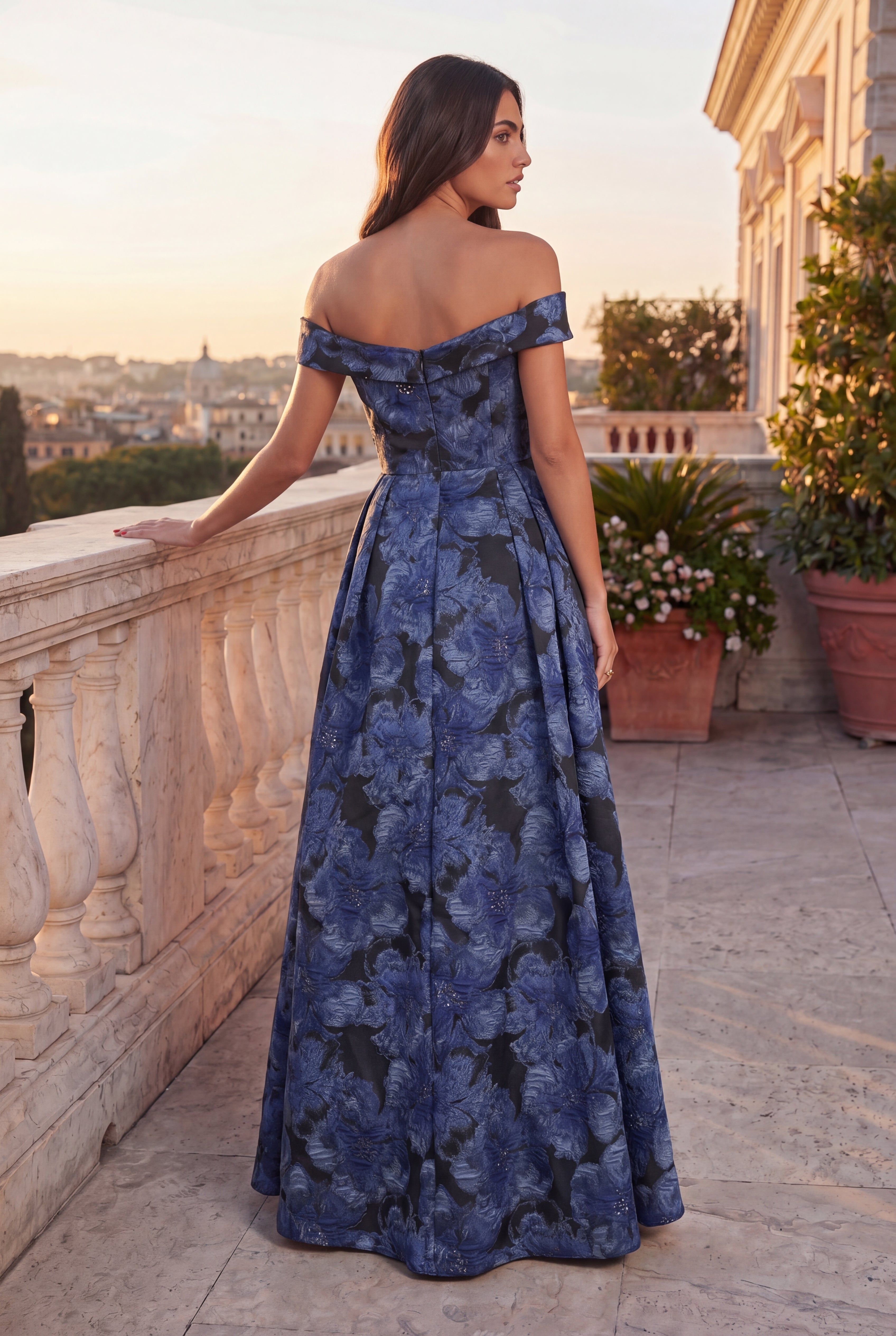 Kos Couture Vestido de Noche Formal de Jacquard Floral con Hombros Descubiertos