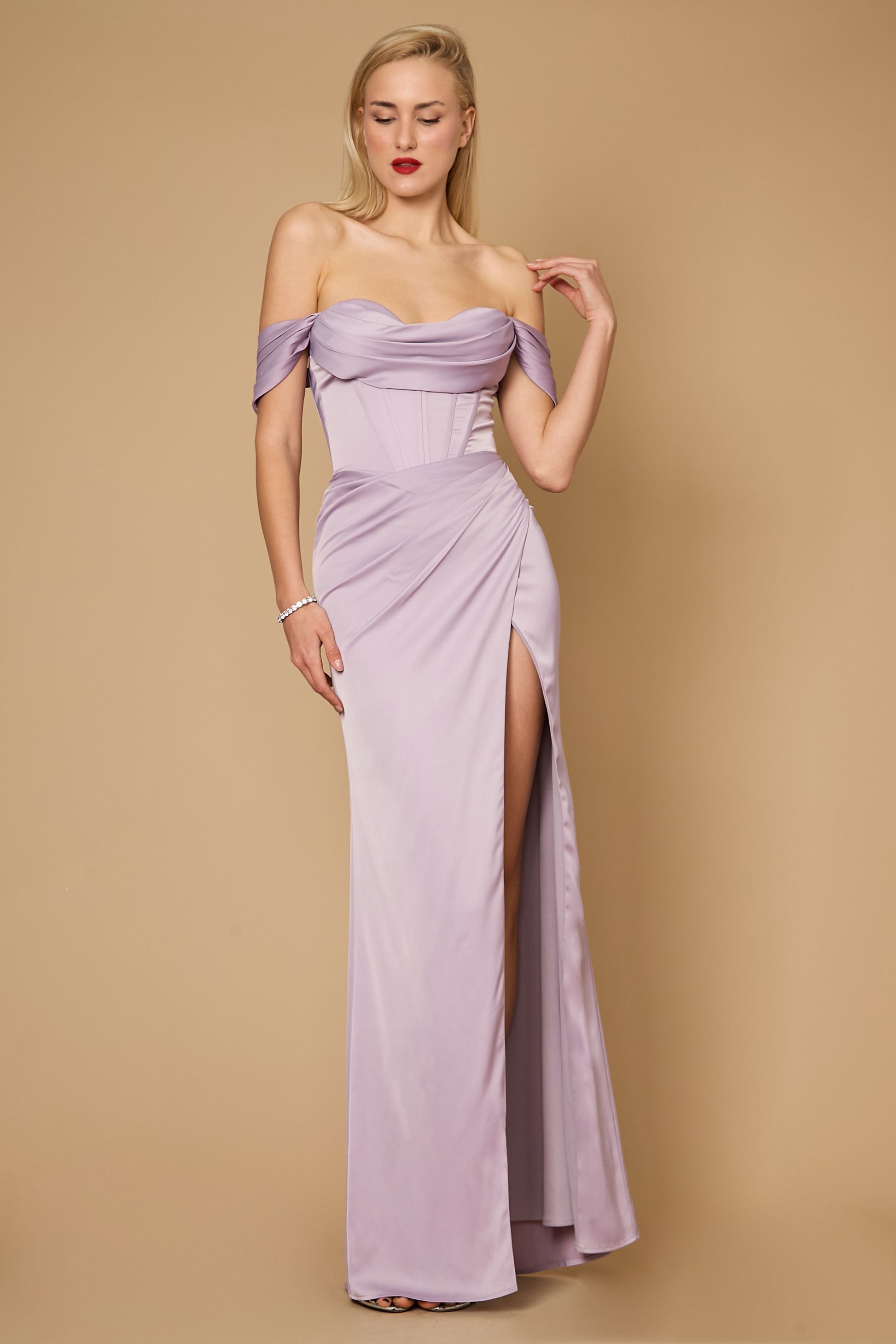 Kos Couture Vestido de Noche Formal de Satén con Corsé