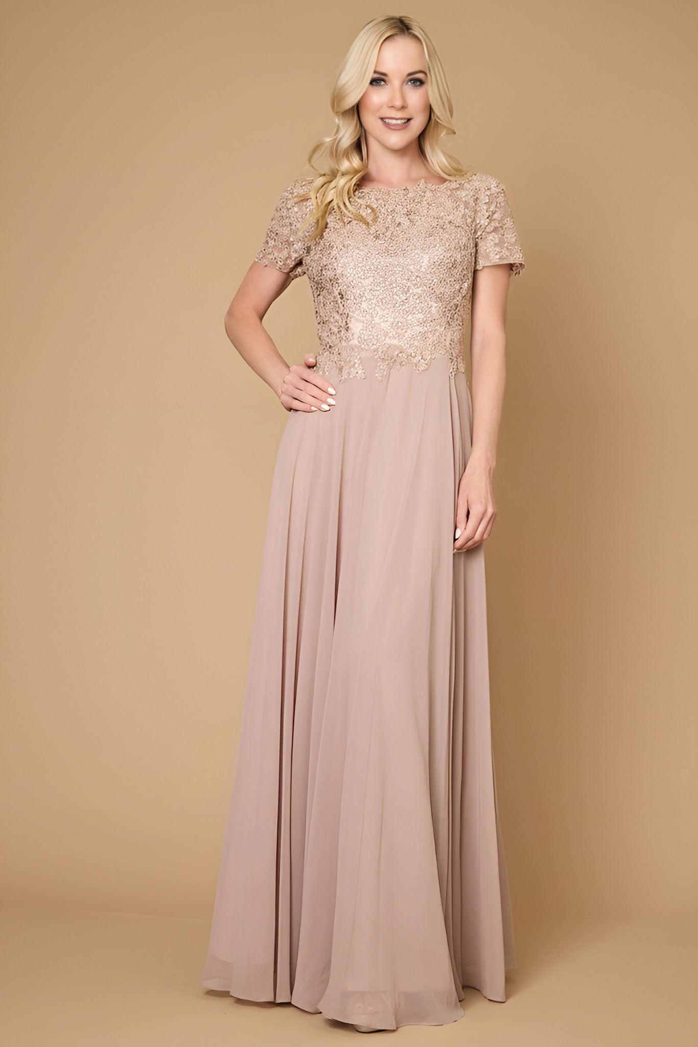 Kos Couture Vestido de Noche de Manga Corta para la Madre de la Novia