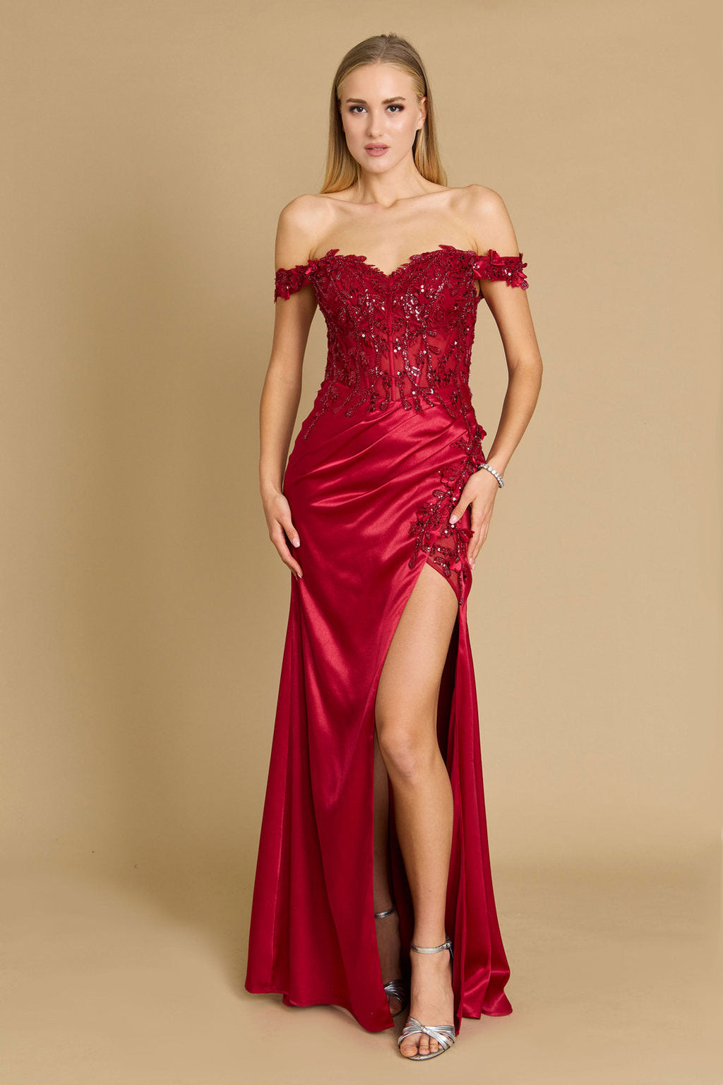 Kos Couture Vestido de Graduación Formal Ajustado con Corsé y Hombros Descubiertos