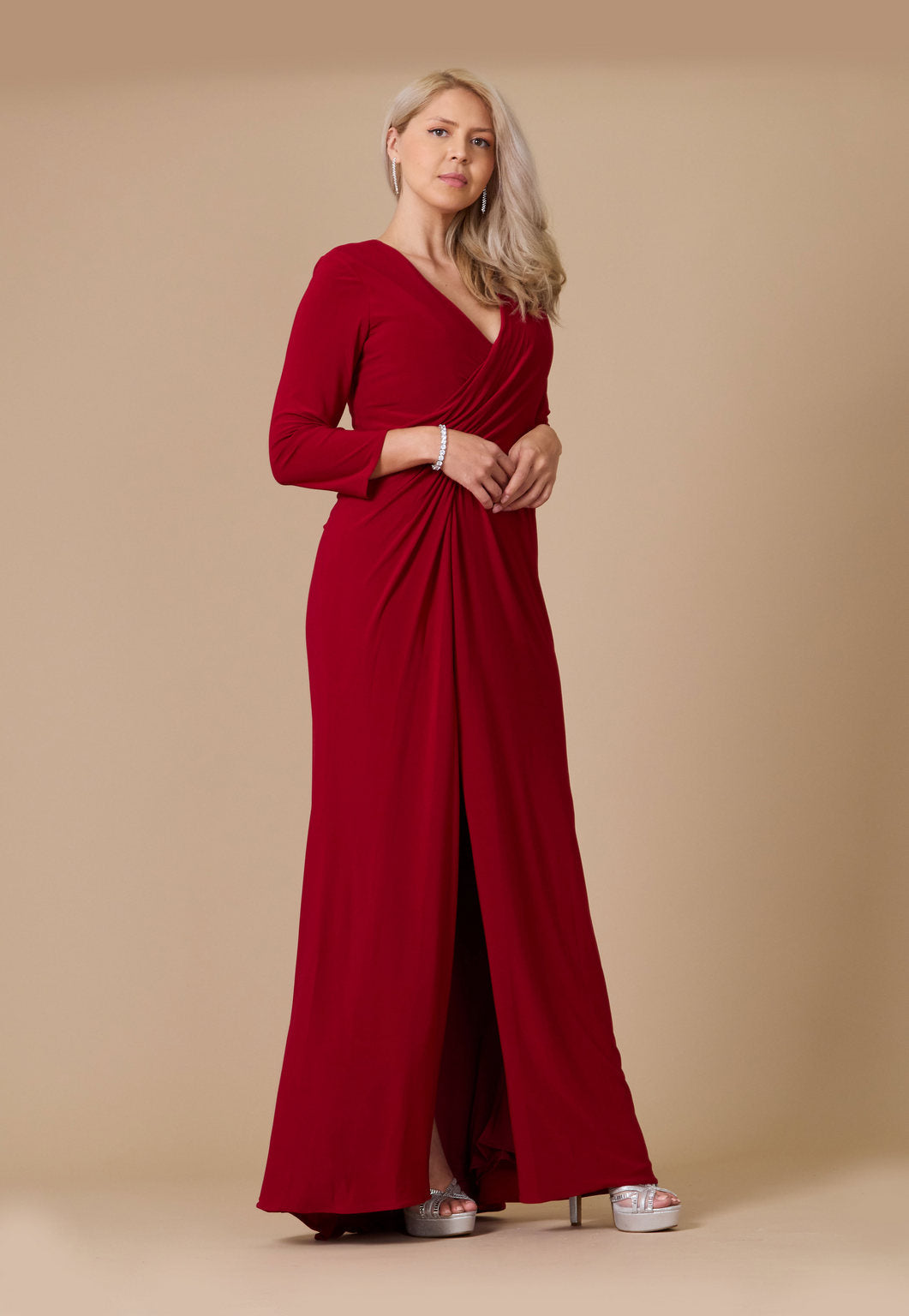 Kos Couture Vestido Largo Formal Elástico de Noche con Manga Larga
