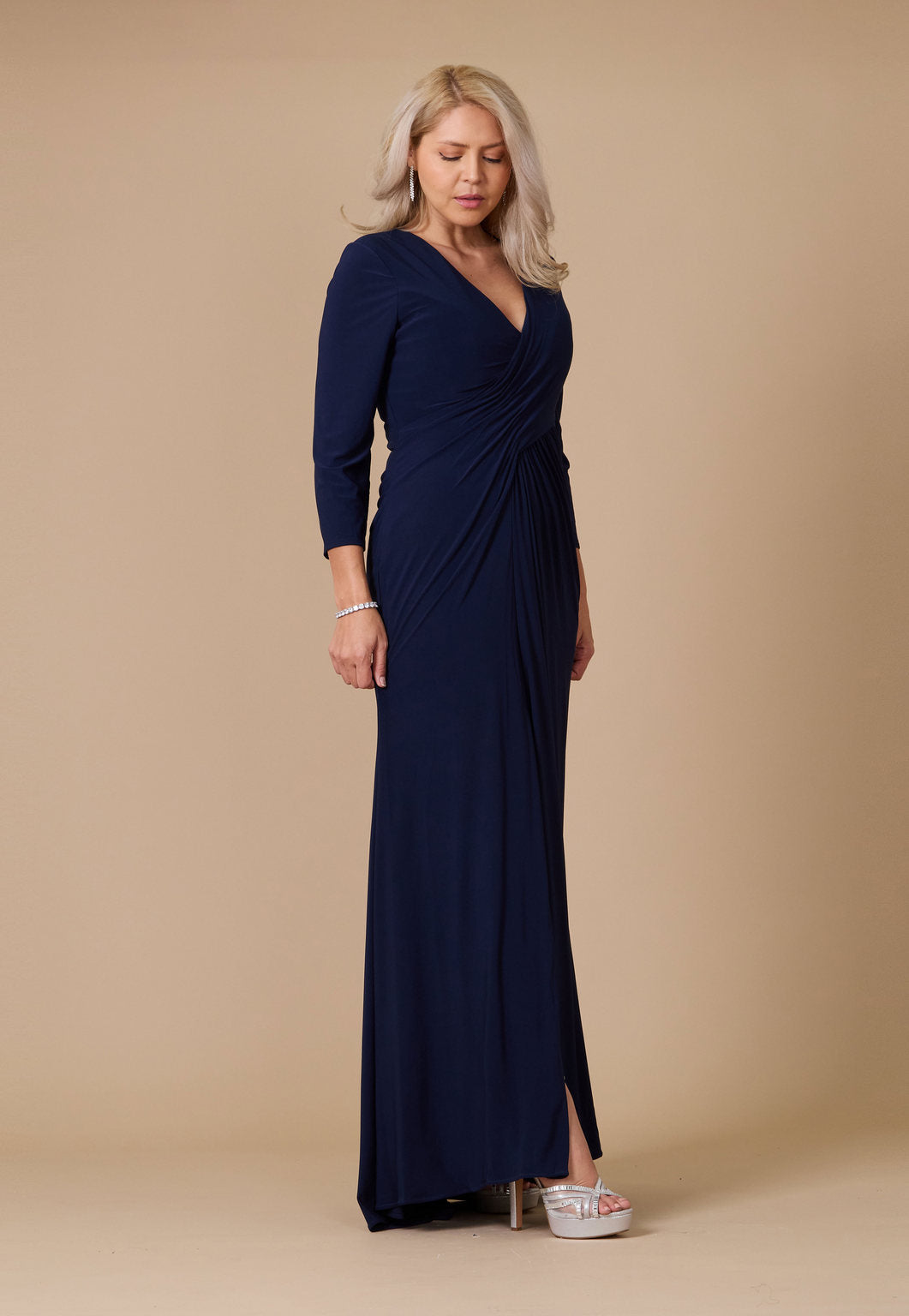 Kos Couture Vestido Largo Formal Elástico de Noche con Manga Larga