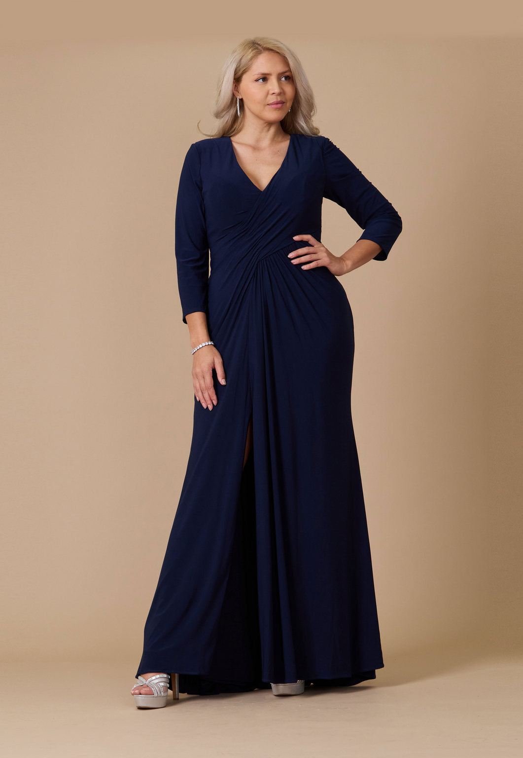 Kos Couture Vestido Largo Formal Elástico de Noche con Manga Larga