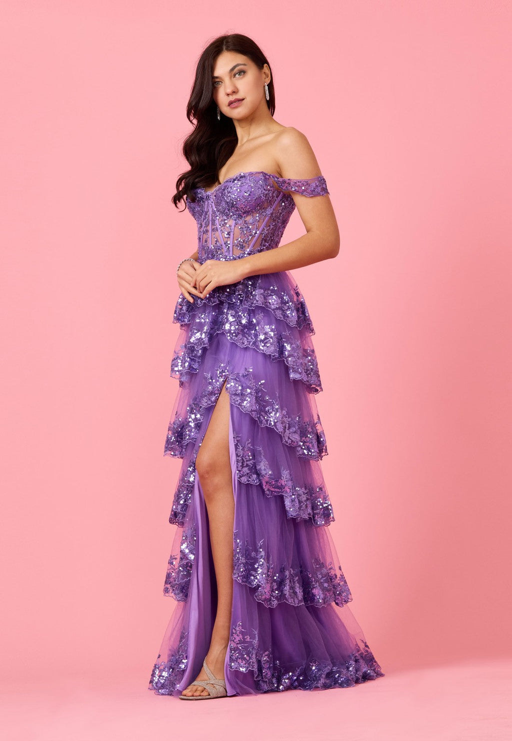 Kos Couture Vestido de Graduación Largo de Lentejuelas con Corsé Transparente