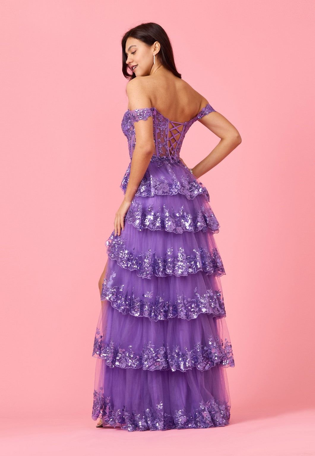 Kos Couture Vestido de Graduación Largo de Lentejuelas con Corsé Transparente
