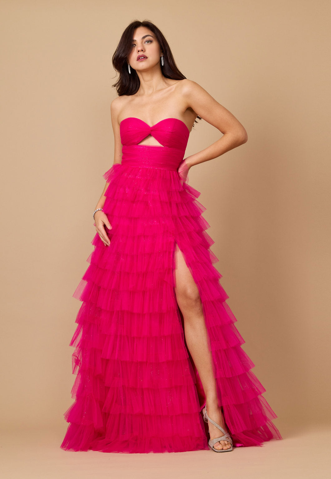 Kos Couture Vestido de Gala para Graduación Sin Tirantes con Falda de Volantes