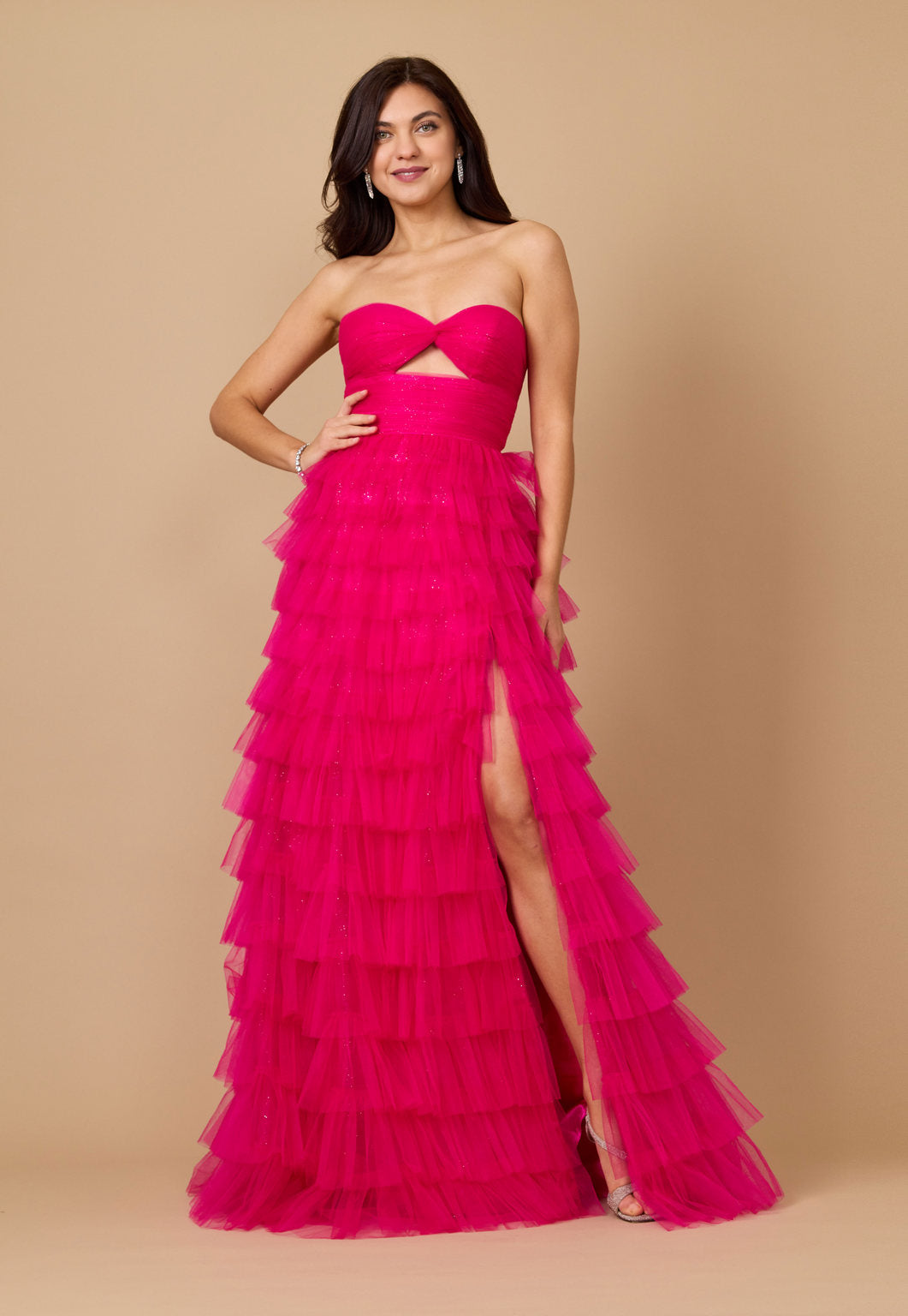 Kos Couture Vestido de Gala para Graduación Sin Tirantes con Falda de Volantes