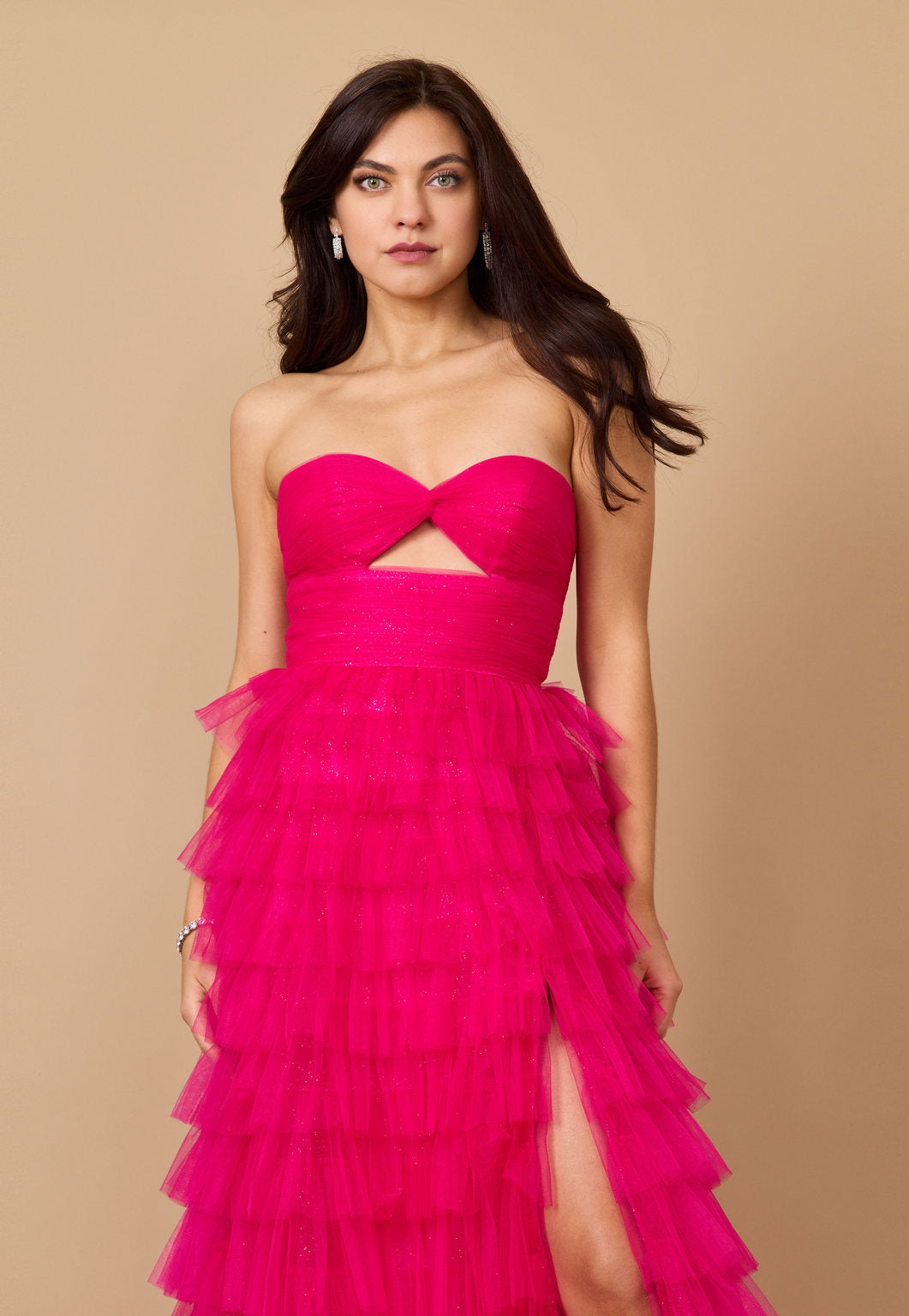 Kos Couture Vestido de Gala para Graduación Sin Tirantes con Falda de Volantes