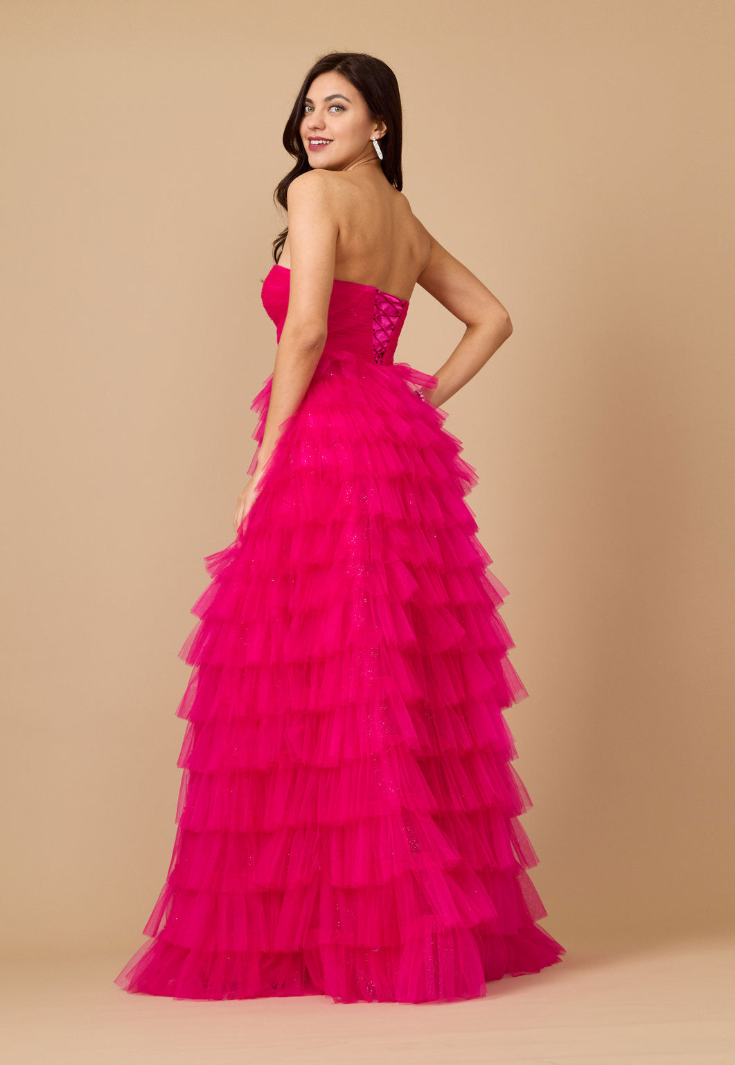 Kos Couture Vestido de Gala para Graduación Sin Tirantes con Falda de Volantes