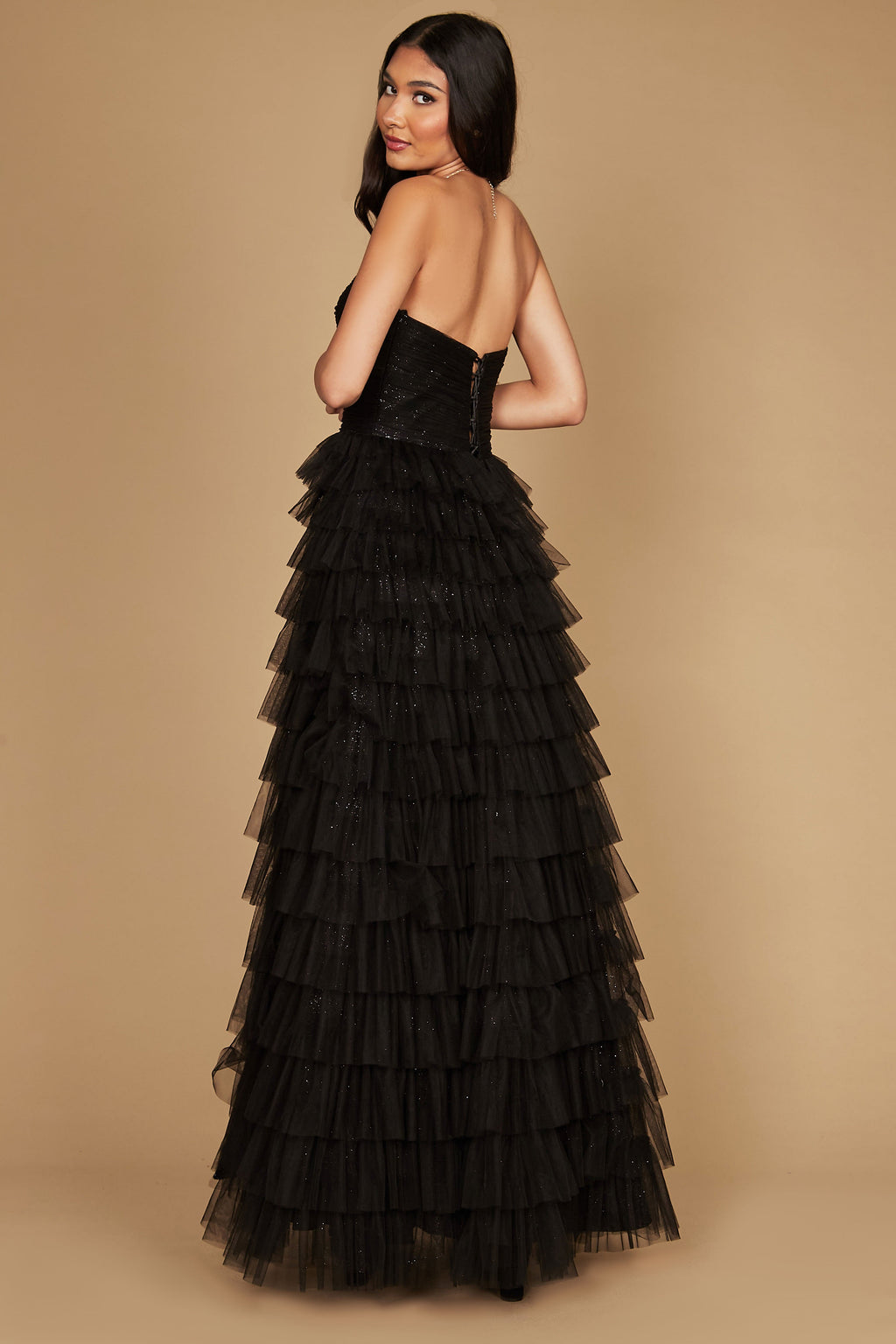 Kos Couture Vestido de Gala para Graduación Sin Tirantes con Falda de Volantes
