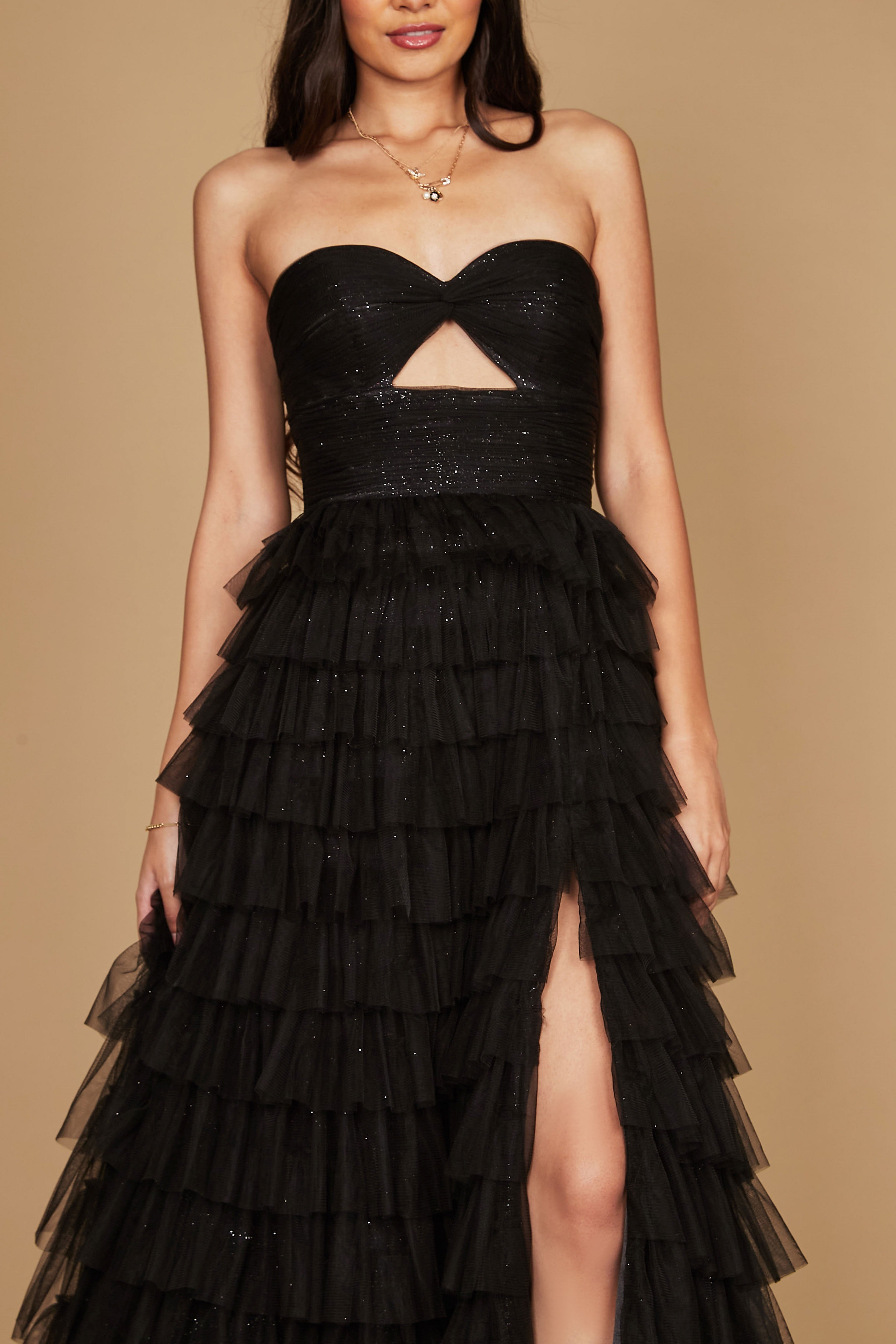 Kos Couture Vestido de Gala para Graduación Sin Tirantes con Falda de Volantes