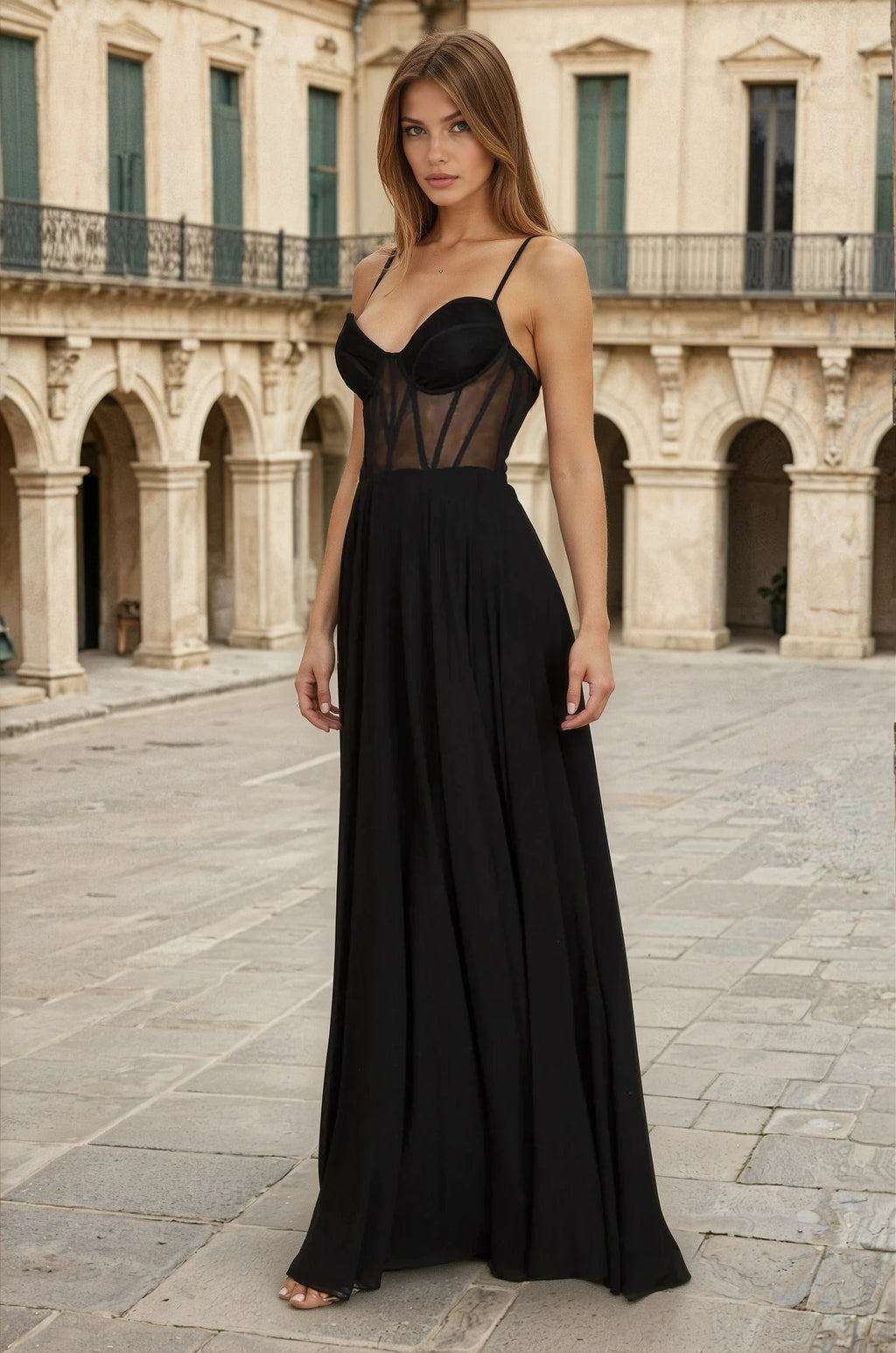 Kos Couture Vestido Largo de Gasa con Corsé Formal para Graduación