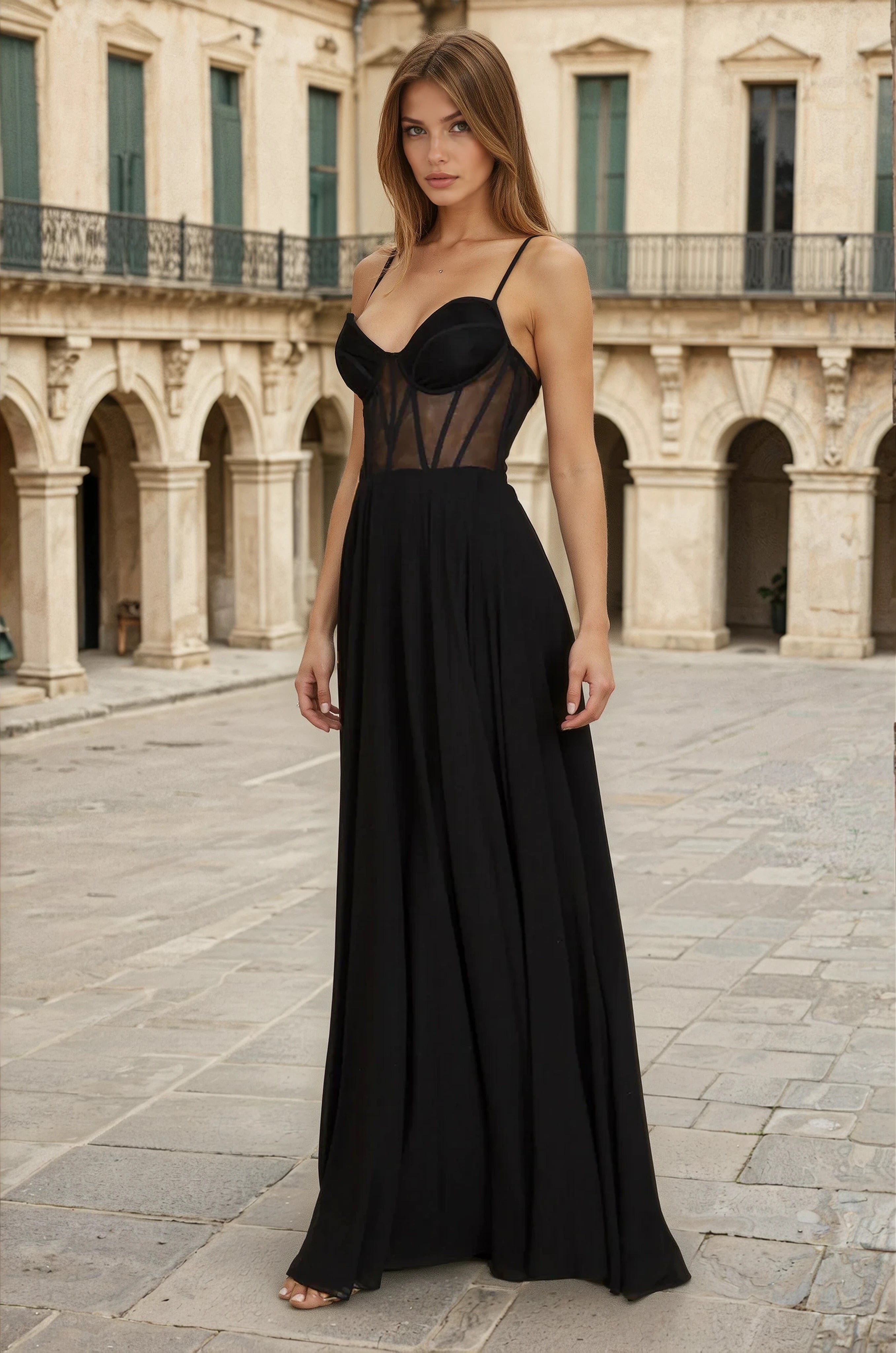 Kos Couture Vestido Largo de Gasa con Corsé Formal para Graduación