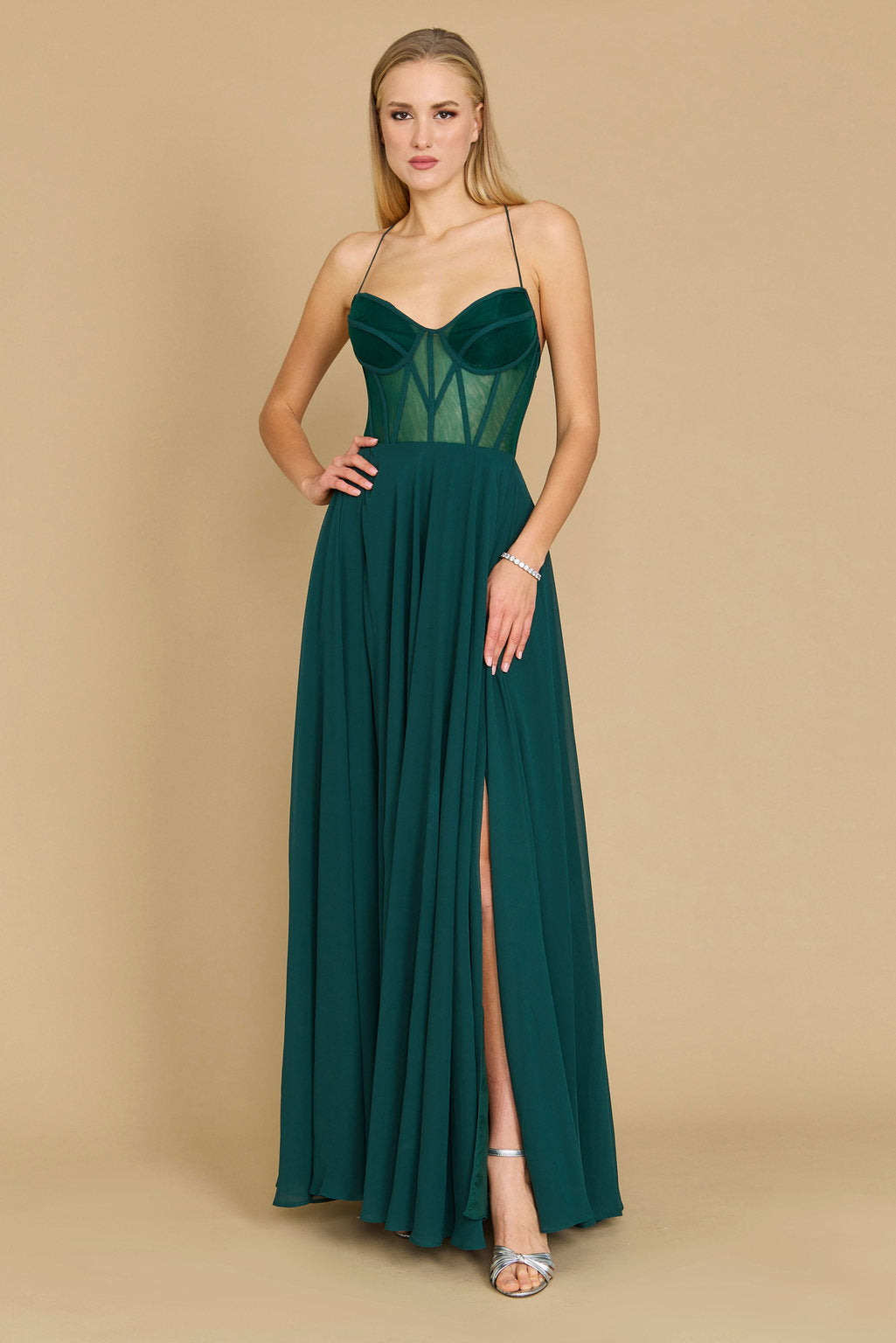 Kos Couture Vestido Largo de Gasa con Corsé Formal para Graduación