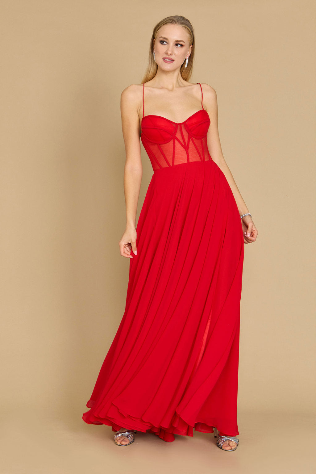 Kos Couture Vestido Largo de Gasa con Corsé Formal para Graduación