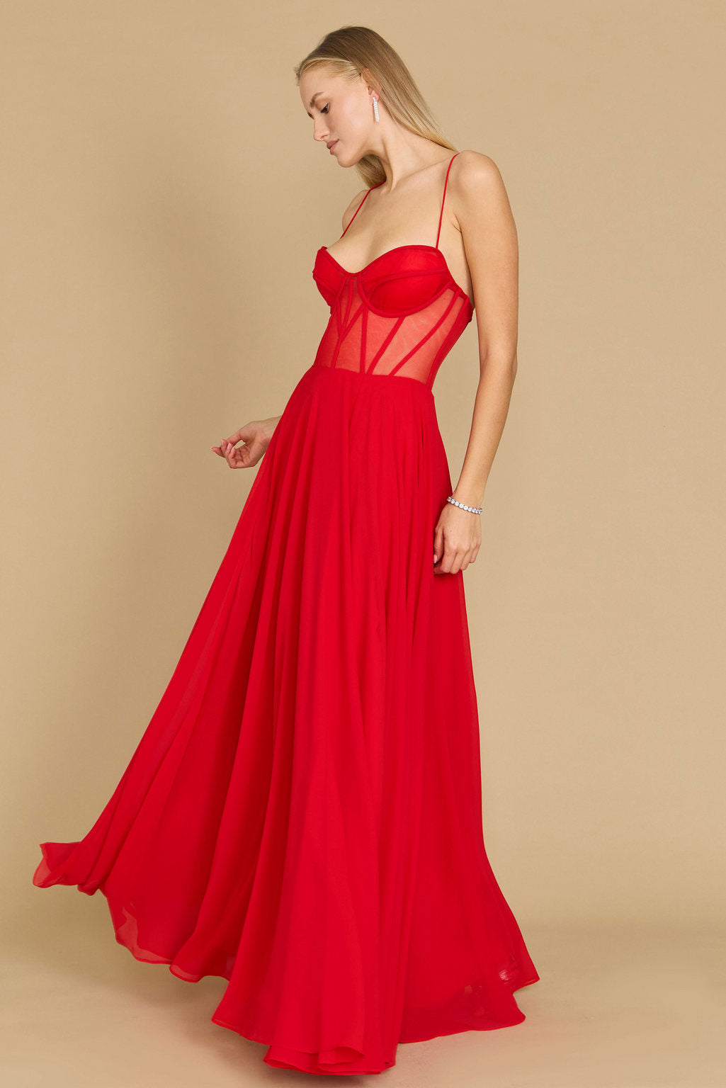 Kos Couture Vestido Largo de Gasa con Corsé Formal para Graduación