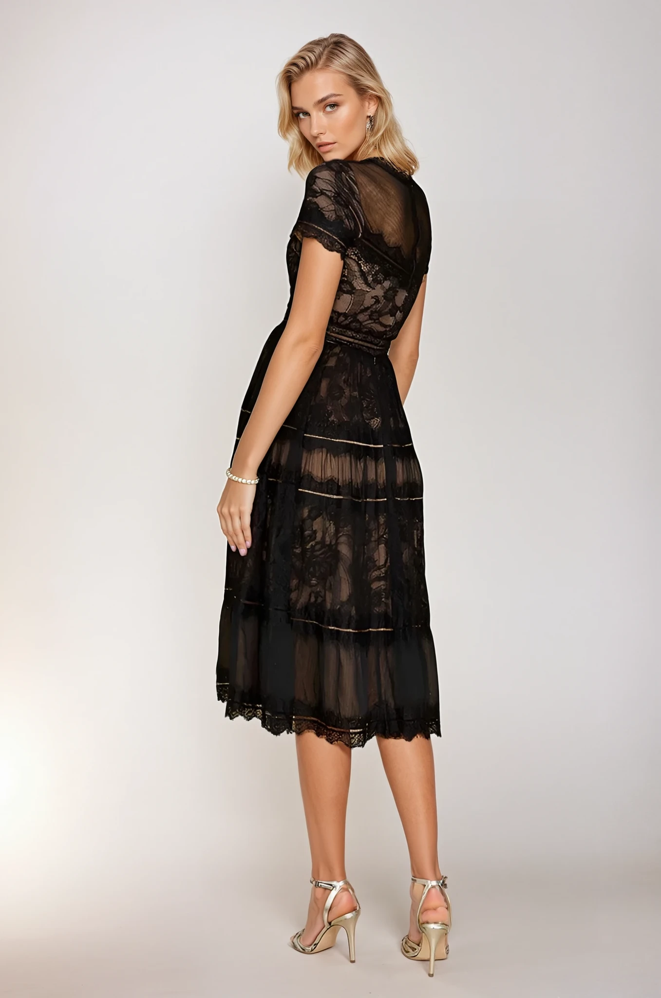Kos Couture Vestido de Cóctel Negro Formal de Encaje Midi