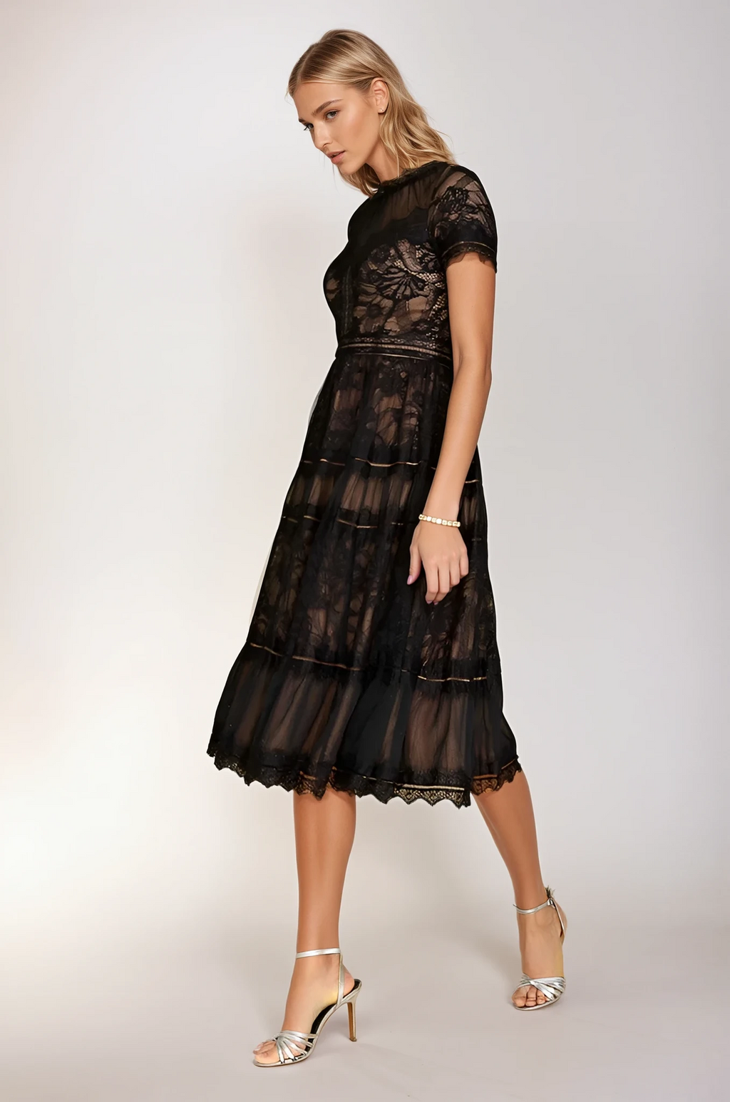 Kos Couture Vestido de Cóctel Negro Formal de Encaje Midi