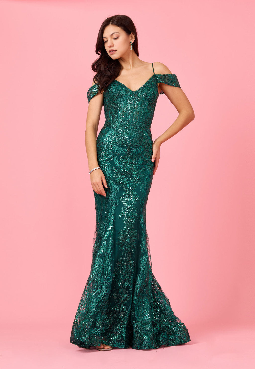 Kos Couture Vestido Formal de Corset con Lentejuelas y Hombros Descubiertos