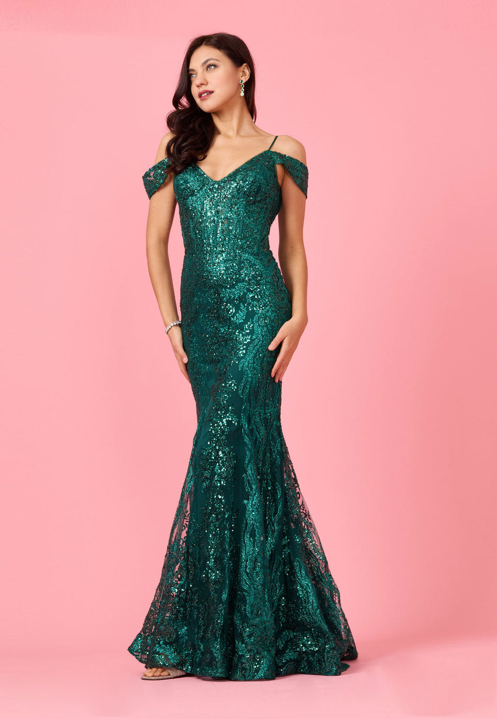 Kos Couture Vestido Formal de Corset con Lentejuelas y Hombros Descubiertos