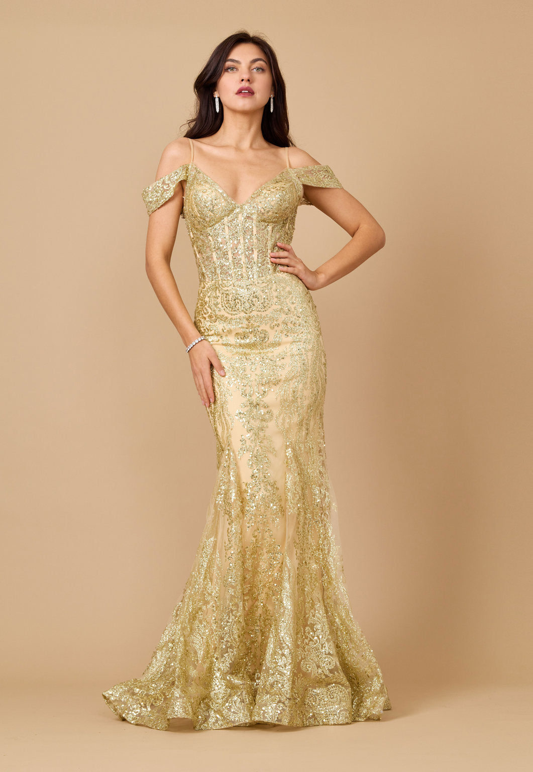 Kos Couture Vestido Formal de Corset con Lentejuelas y Hombros Descubiertos