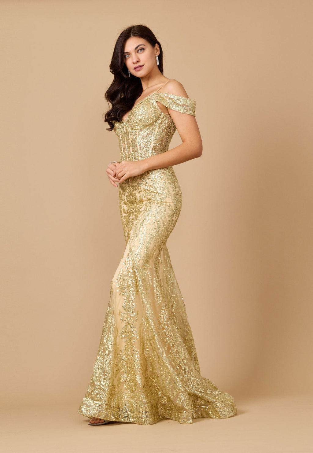 Kos Couture Vestido Formal de Corset con Lentejuelas y Hombros Descubiertos