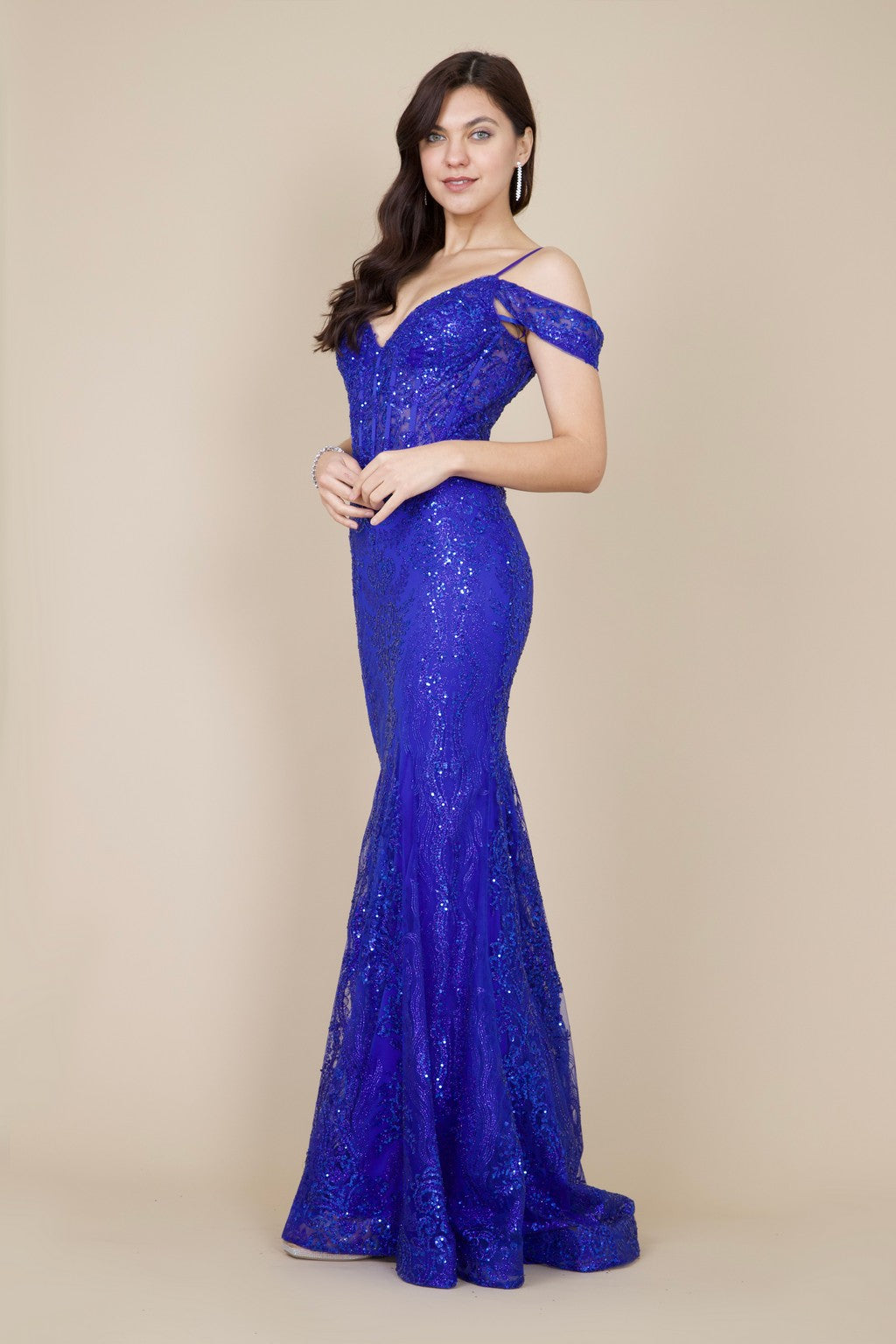 Kos Couture Vestido Formal de Corset con Lentejuelas y Hombros Descubiertos