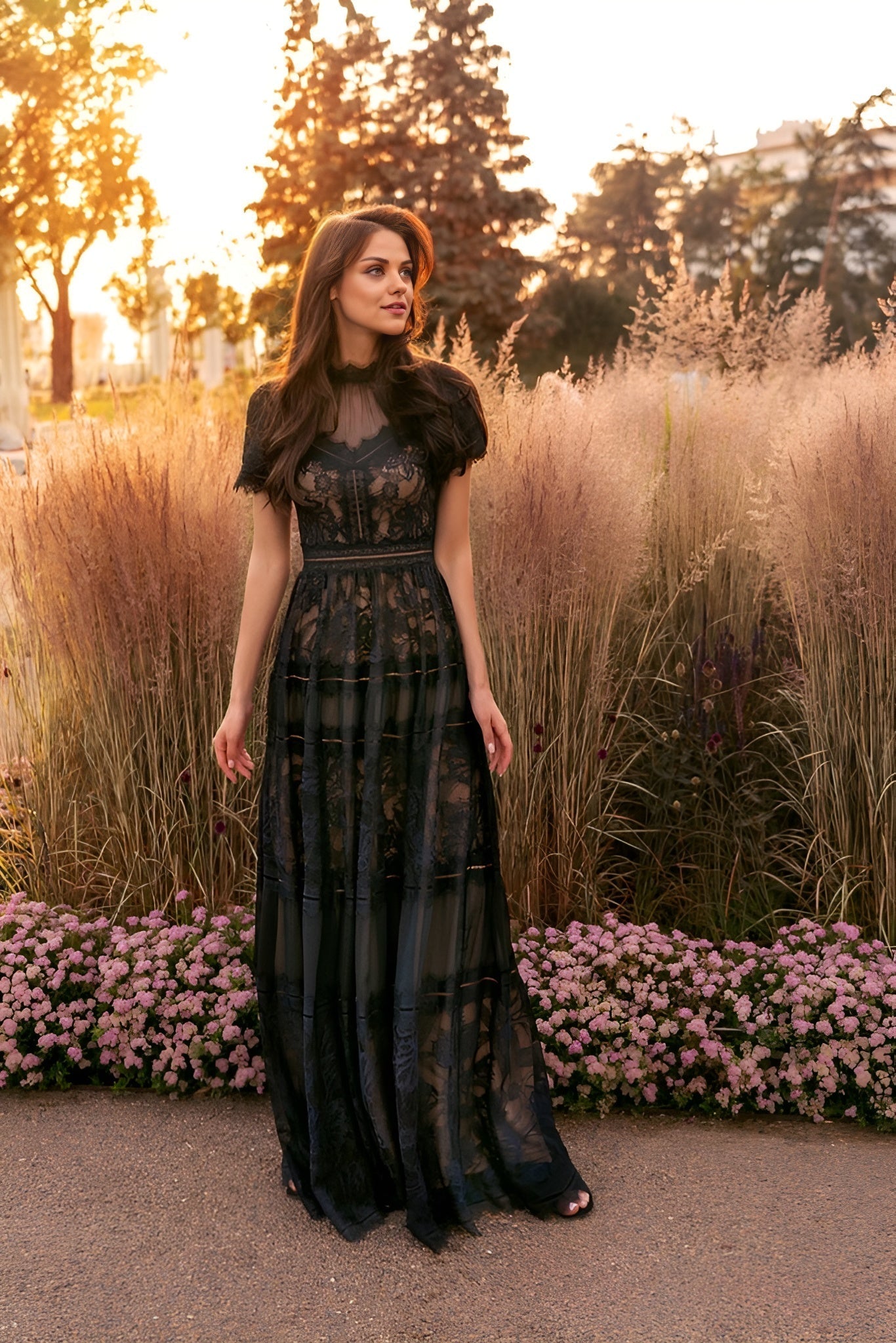 Kos Couture Vestido de Noche Negro Formal de Encaje Largo