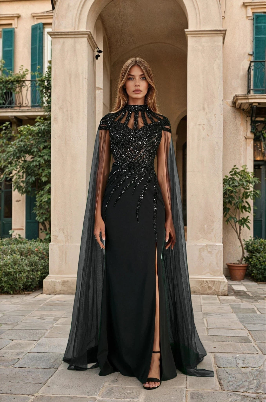 Vestido Formal de Lujo Couture con Abalorios Negro