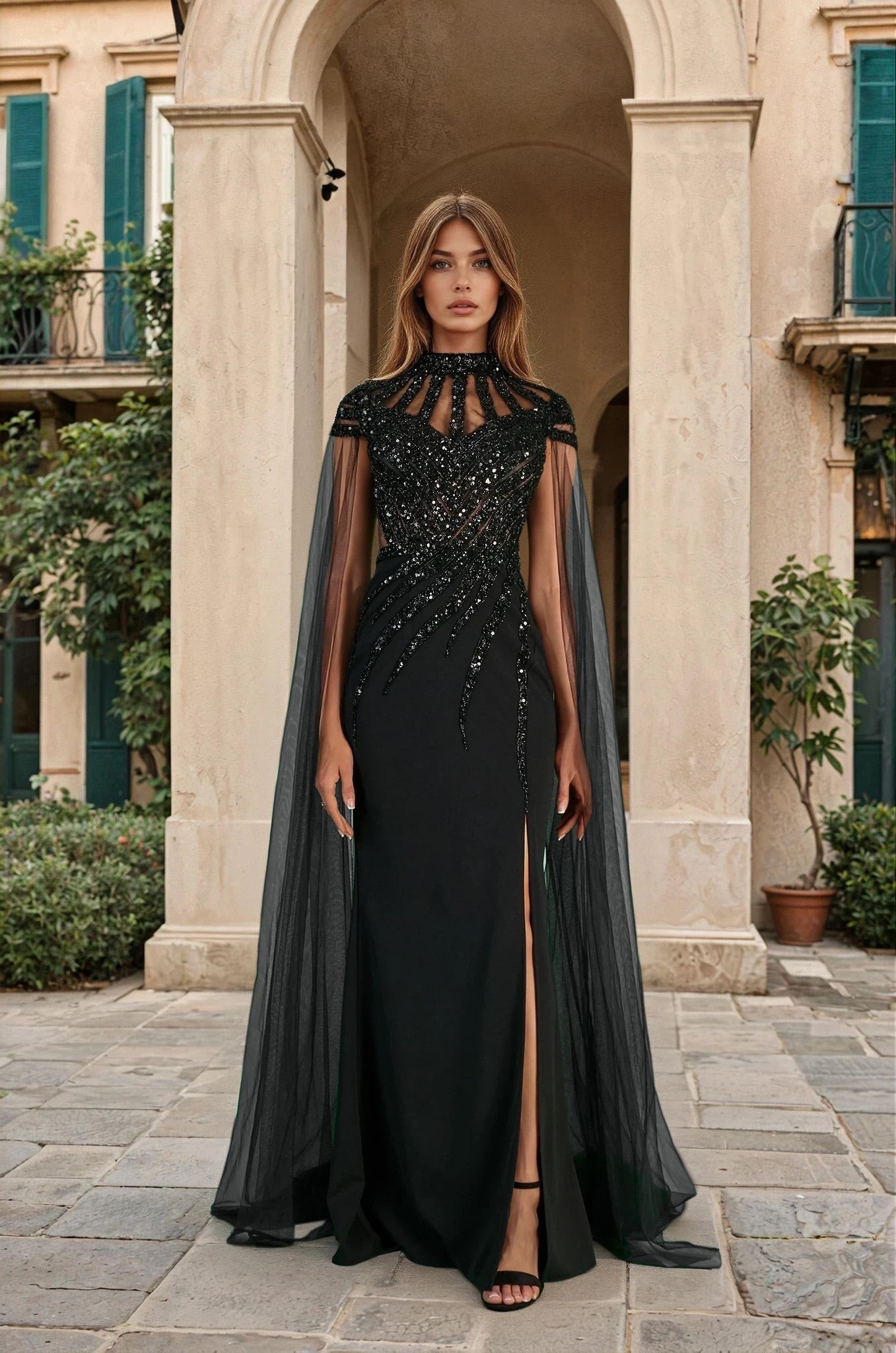 Vestido Formal de Lujo Couture con Abalorios Negro