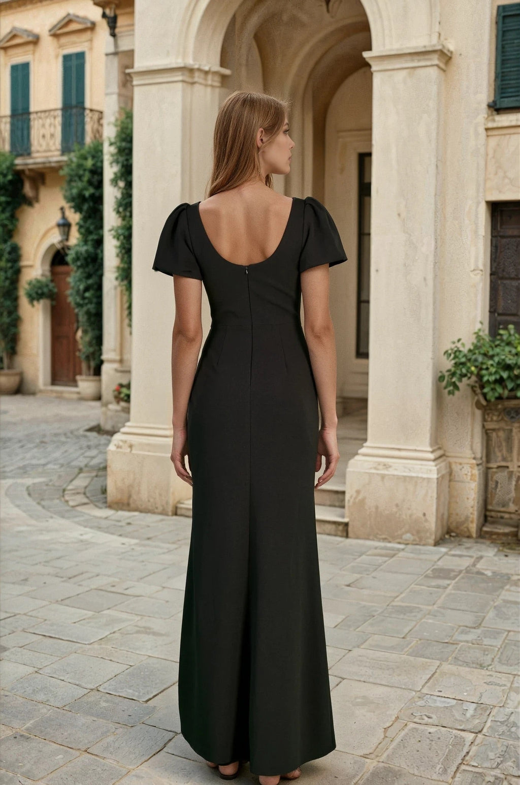 Vestido Formal Largo con Corsé y Mangas Abullonadas Negro
