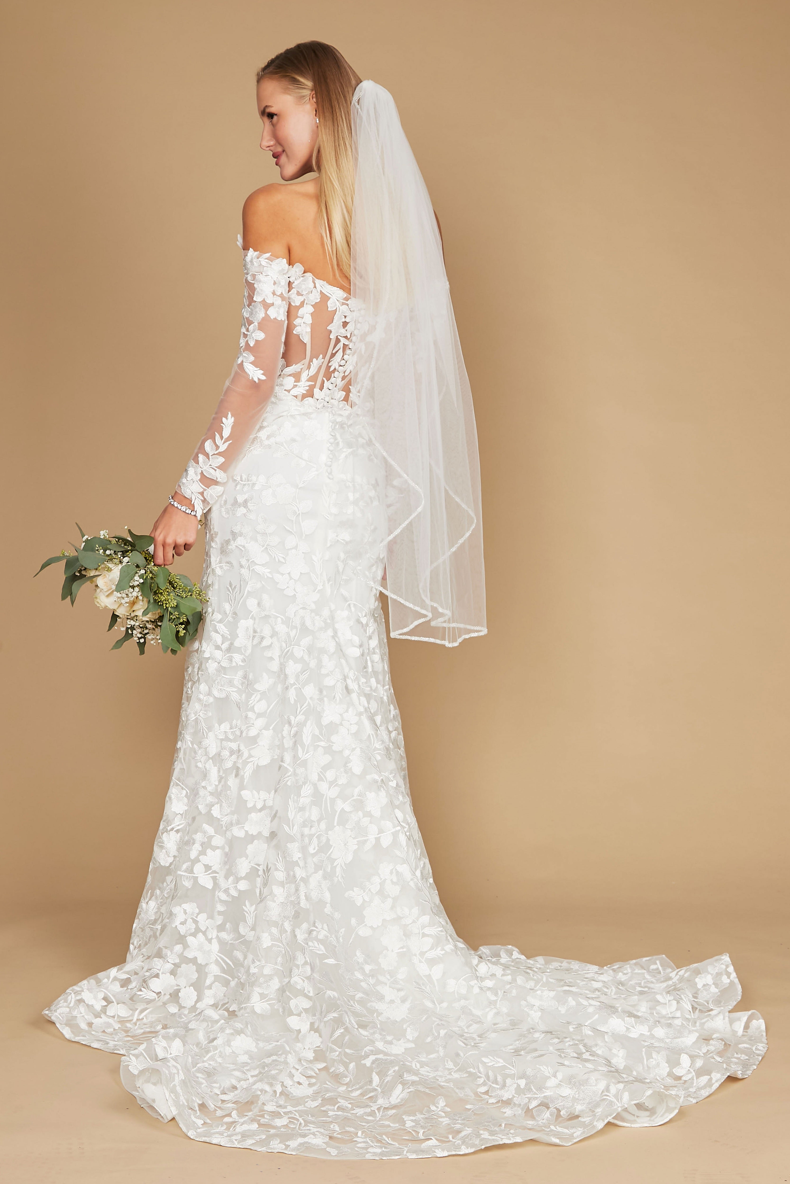 Vestido de Novia Largo de Encaje Hombros Descubiertos Corte Sirena Blanco