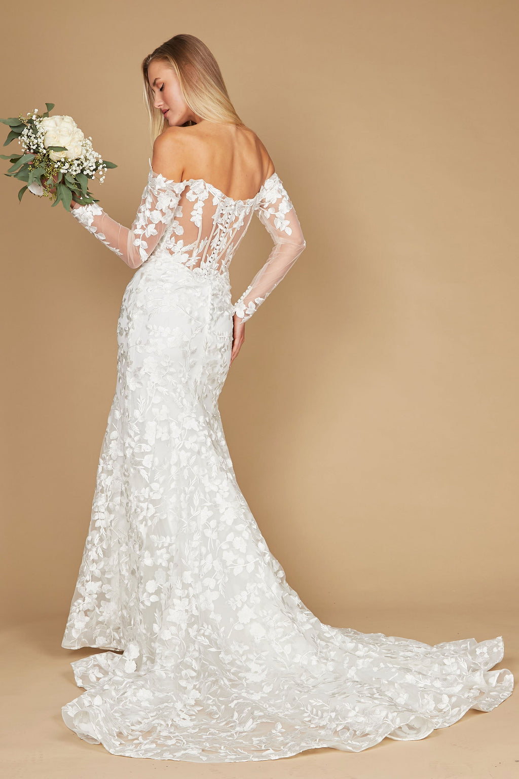 Vestido de Novia Largo de Encaje Hombros Descubiertos Corte Sirena Blanco