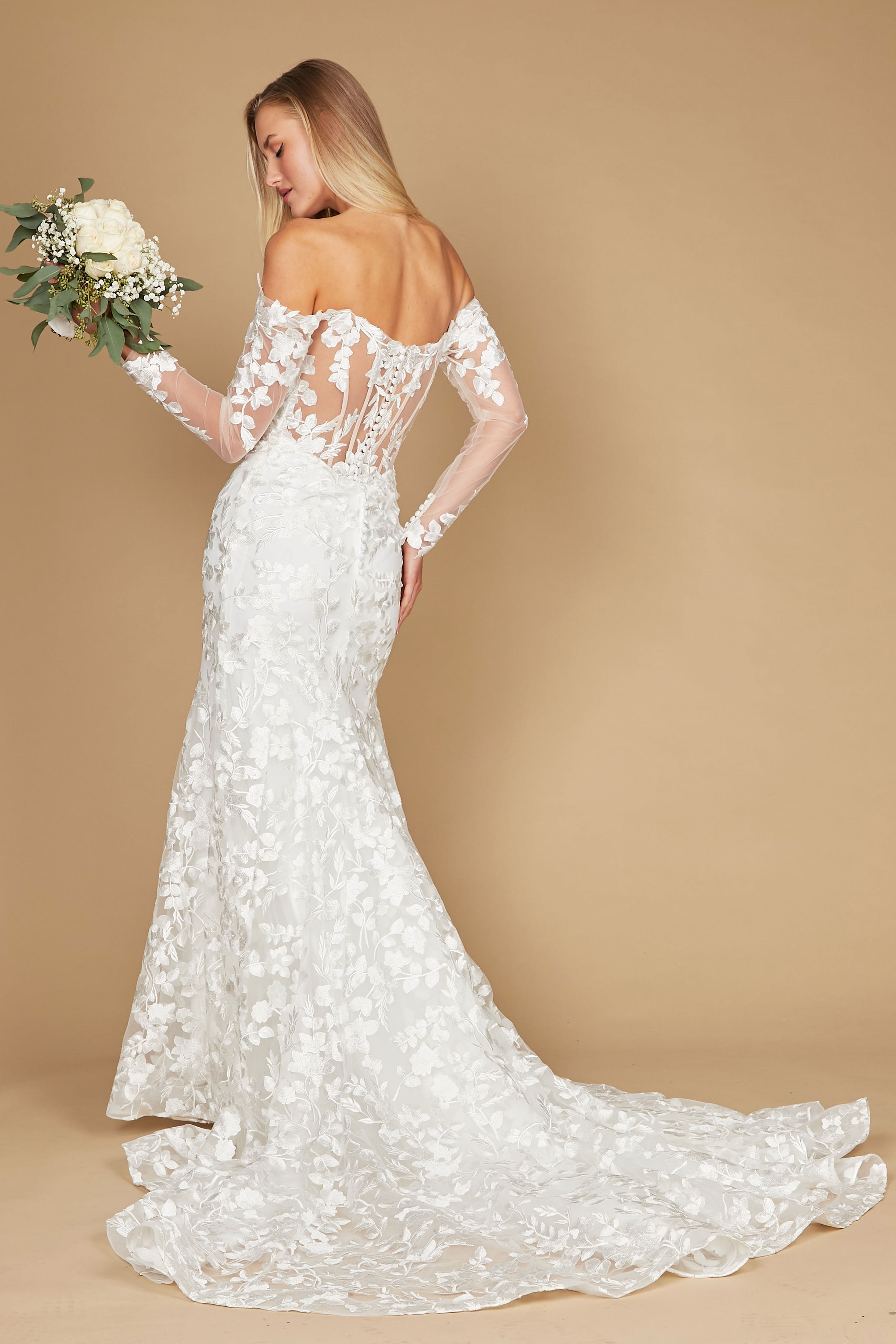 Vestido de Novia Largo de Encaje Hombros Descubiertos Corte Sirena Blanco