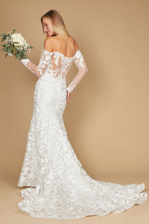 Vestido de Novia Largo de Encaje Hombros Descubiertos Corte Sirena Blanco