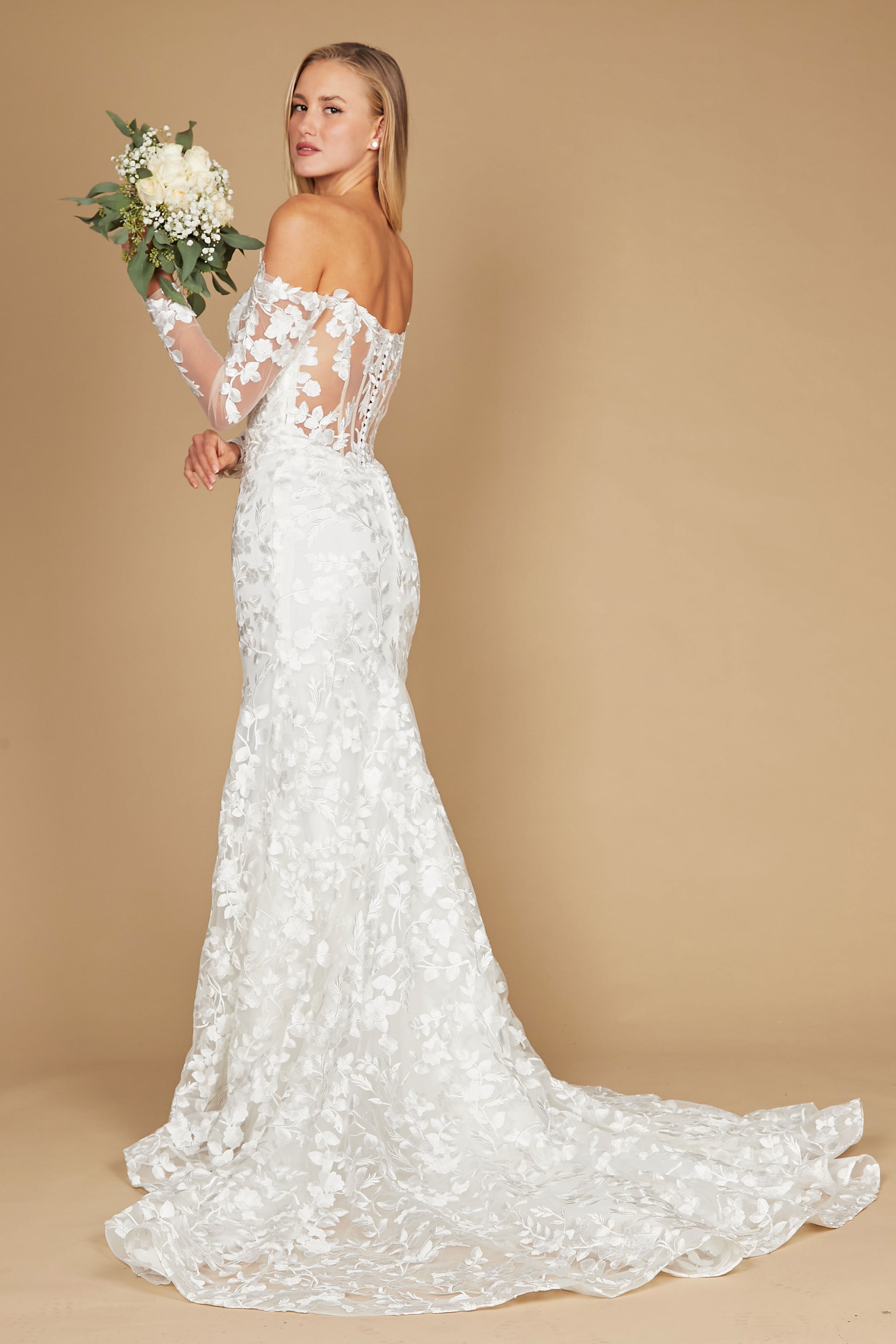 Vestido de Novia Largo de Encaje Hombros Descubiertos Corte Sirena Blanco