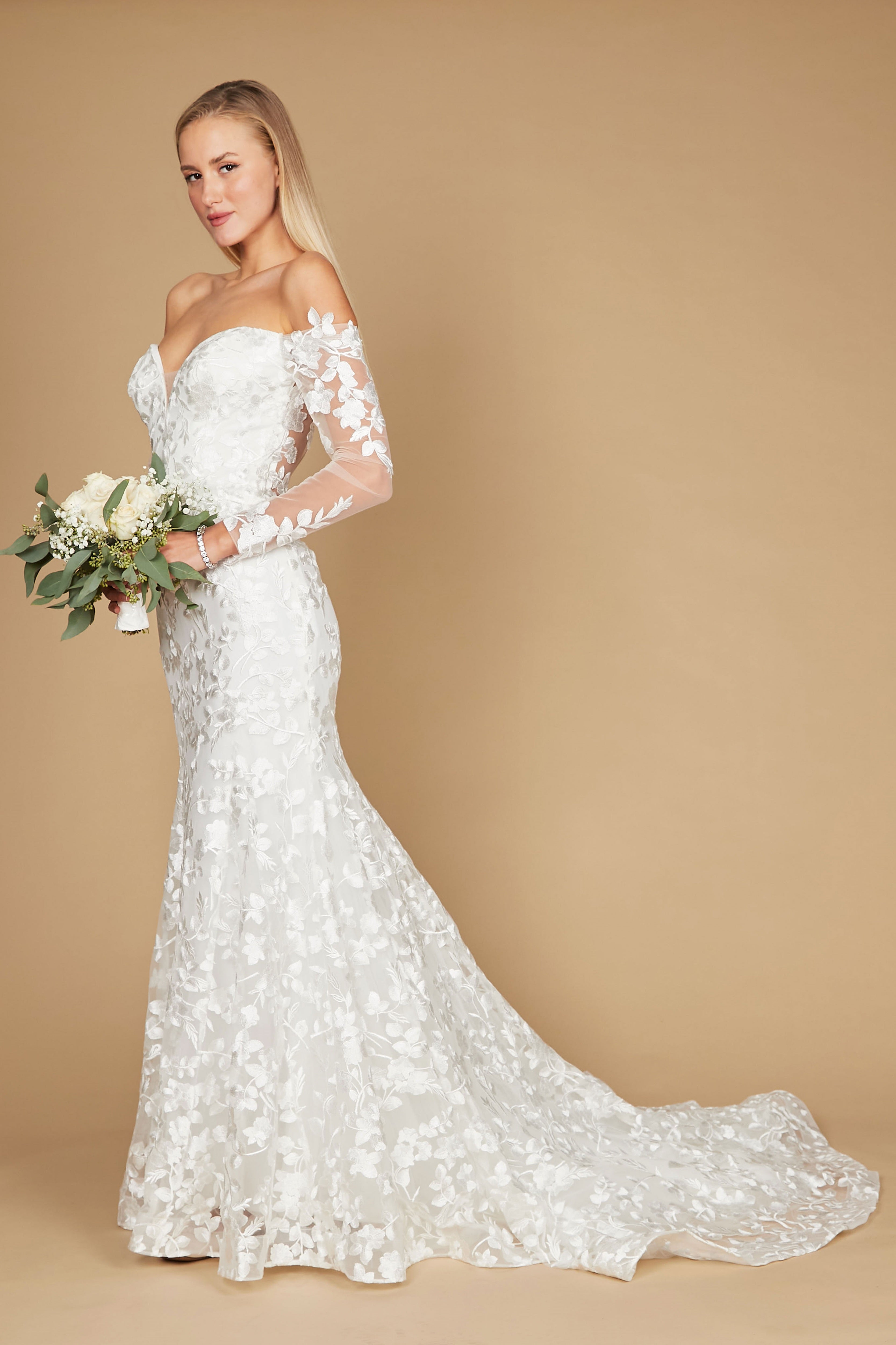 Vestido de Novia Largo de Encaje Hombros Descubiertos Corte Sirena Blanco
