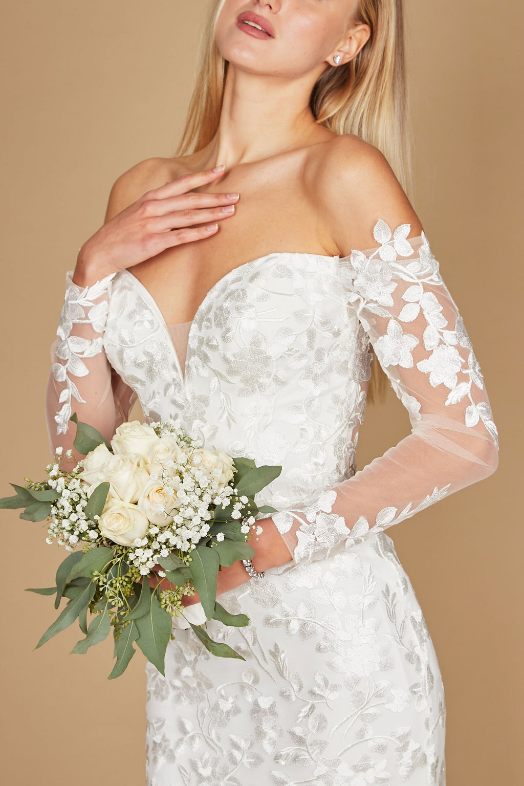 Vestido de Novia Largo de Encaje Hombros Descubiertos Corte Sirena Blanco