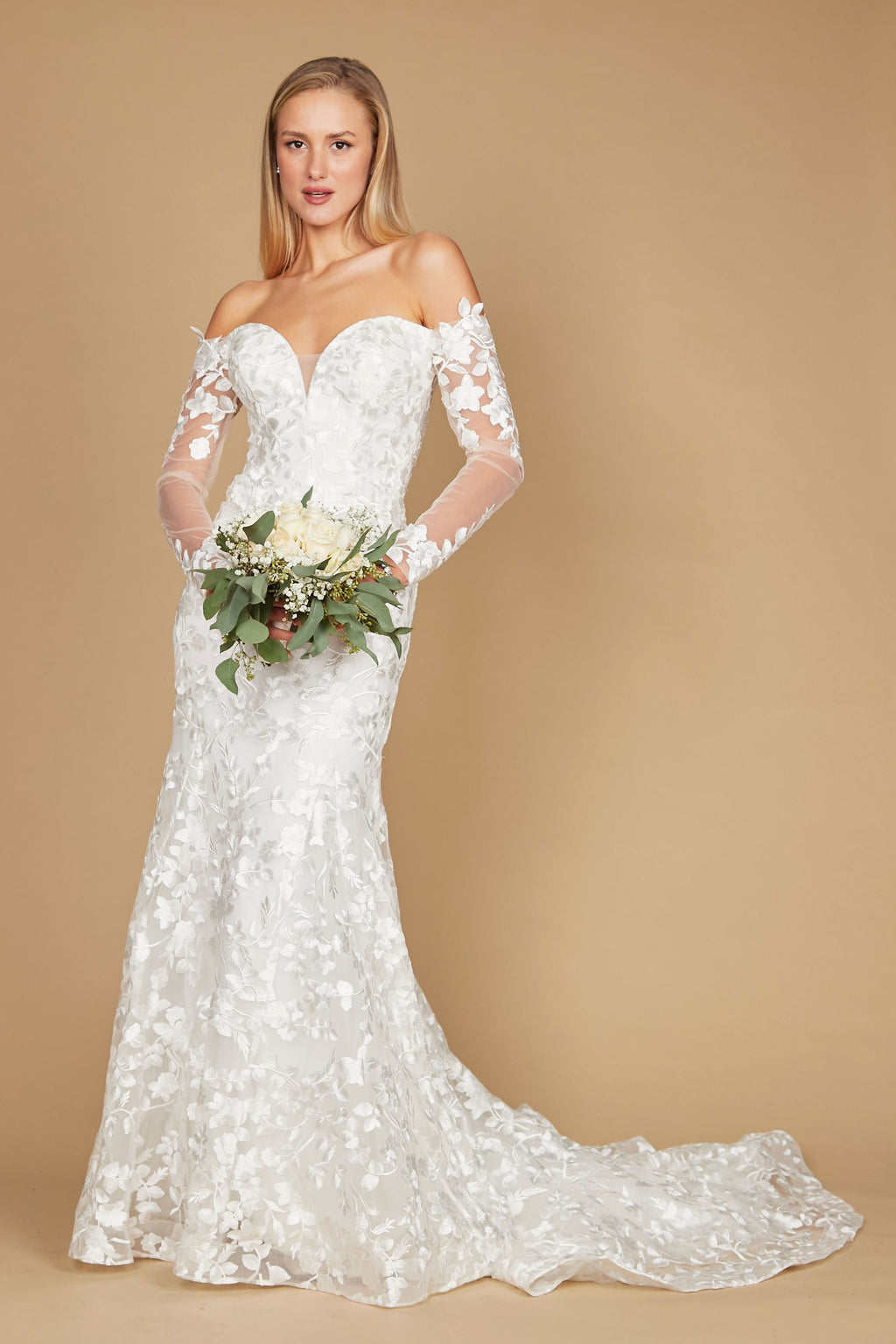 Vestido de Novia Largo de Encaje Hombros Descubiertos Corte Sirena Blanco