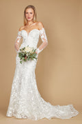 Vestido de Novia Largo de Encaje Hombros Descubiertos Corte Sirena Blanco