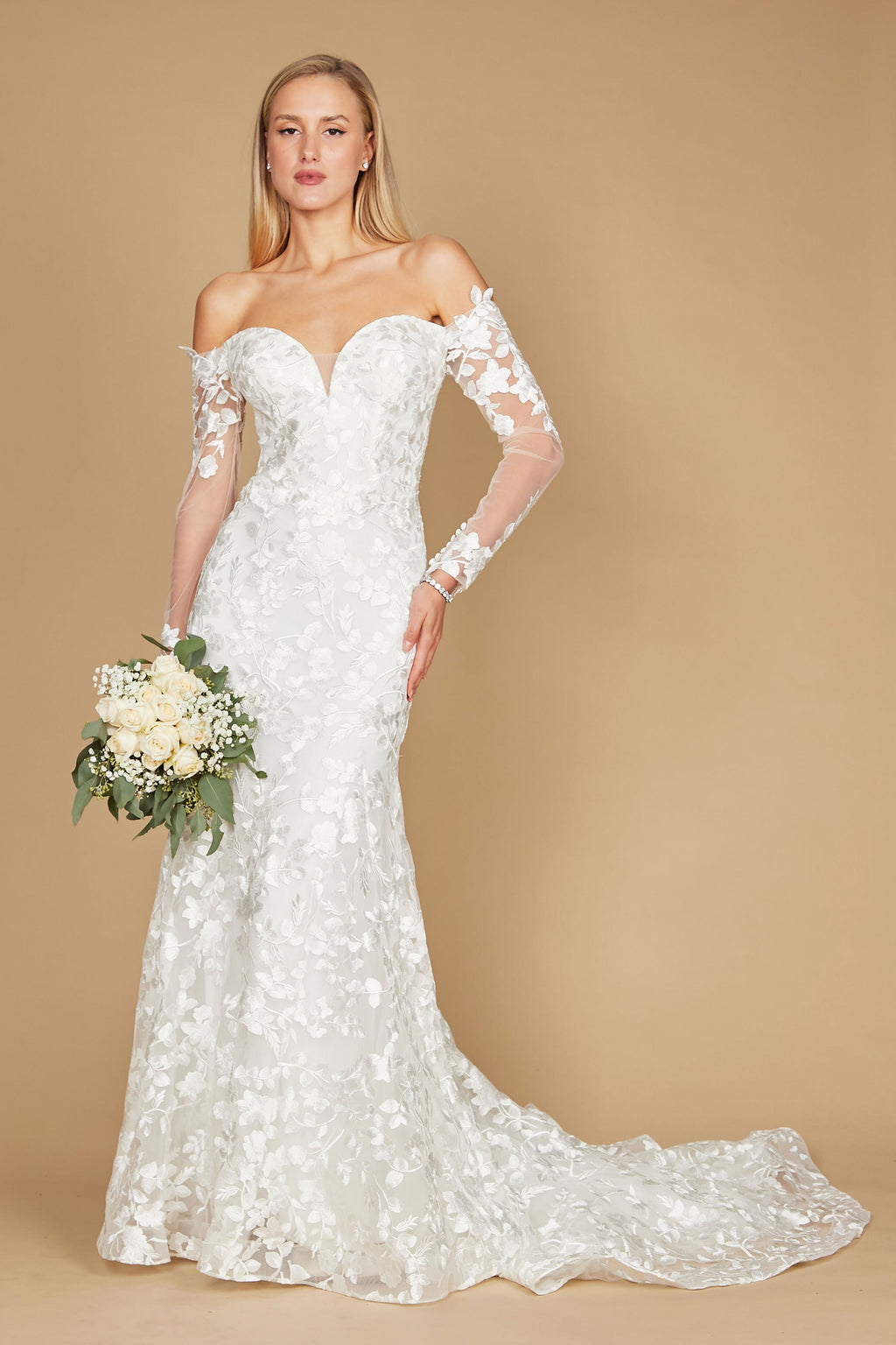 Vestido de Novia Largo de Encaje Hombros Descubiertos Corte Sirena Blanco