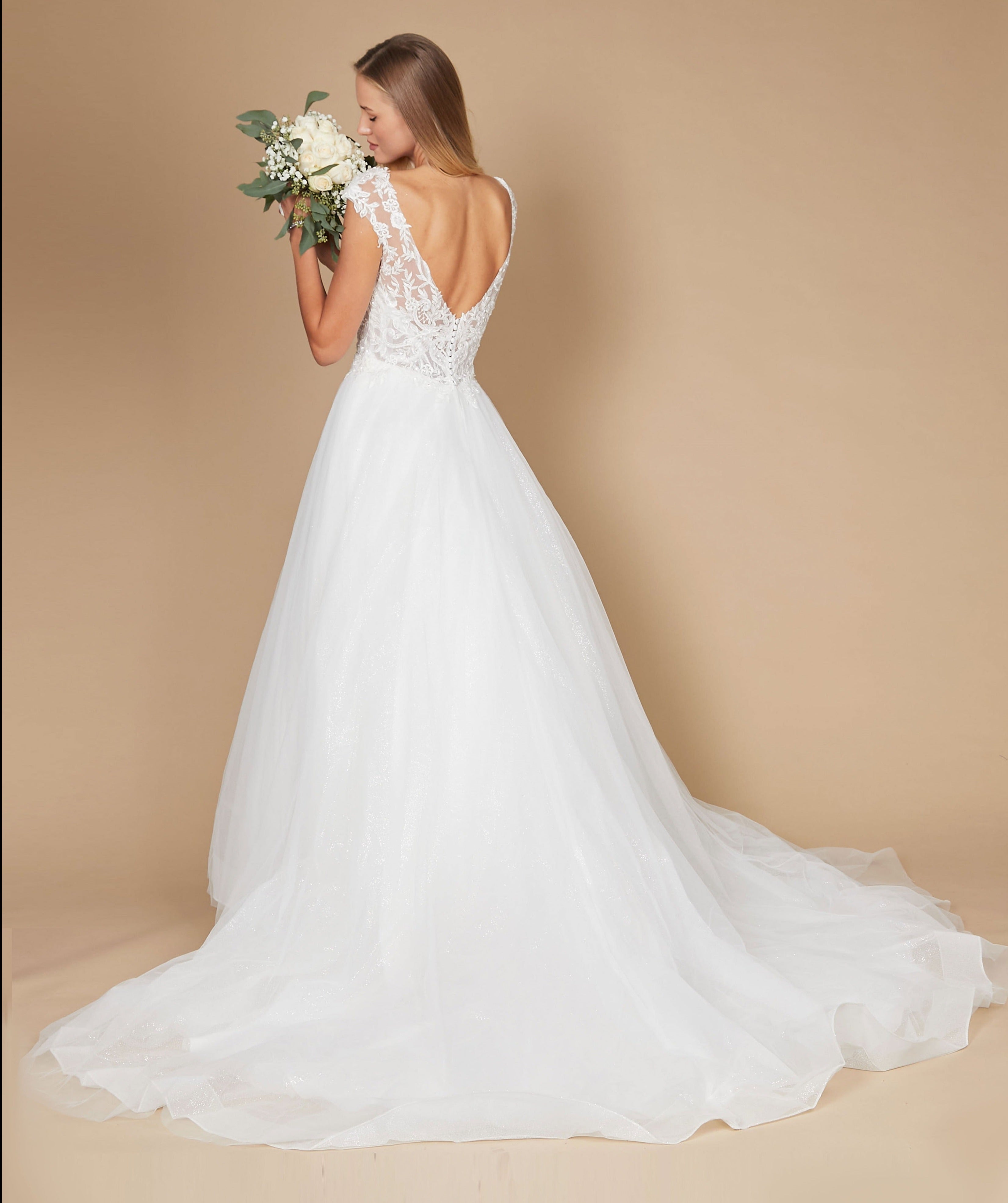 Kos Couture Vestido de Novia Largo de Encaje con Manga Casquillo